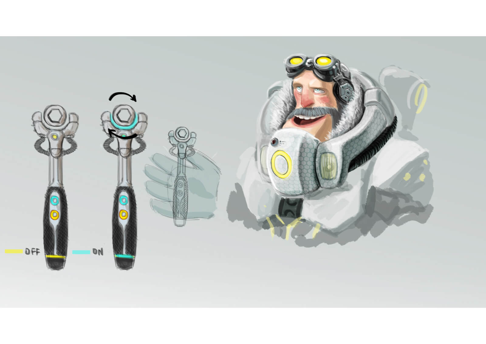 Detailed color sketch of a futuristic wrench accented with aqua and yellow lights, held by a bearded man in white armor