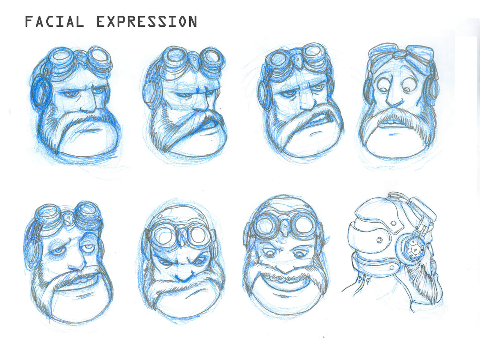 Blue and black sketches of facial expressions of a bearded man with goggles, depicting surprise and frustration among others