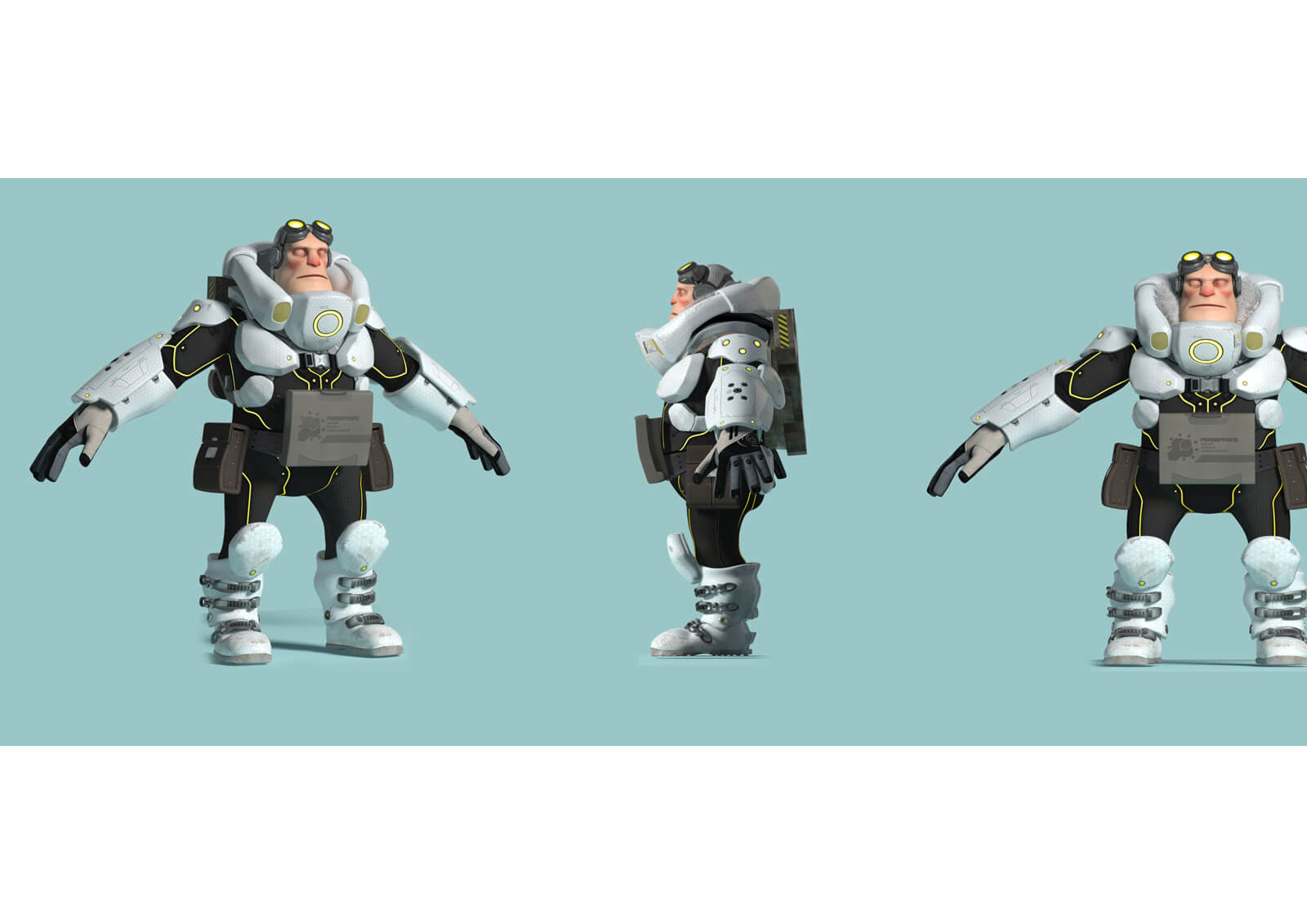 3D models from the film Level 1457 of a man in goggles and black and white futuristic armor from the front and behind