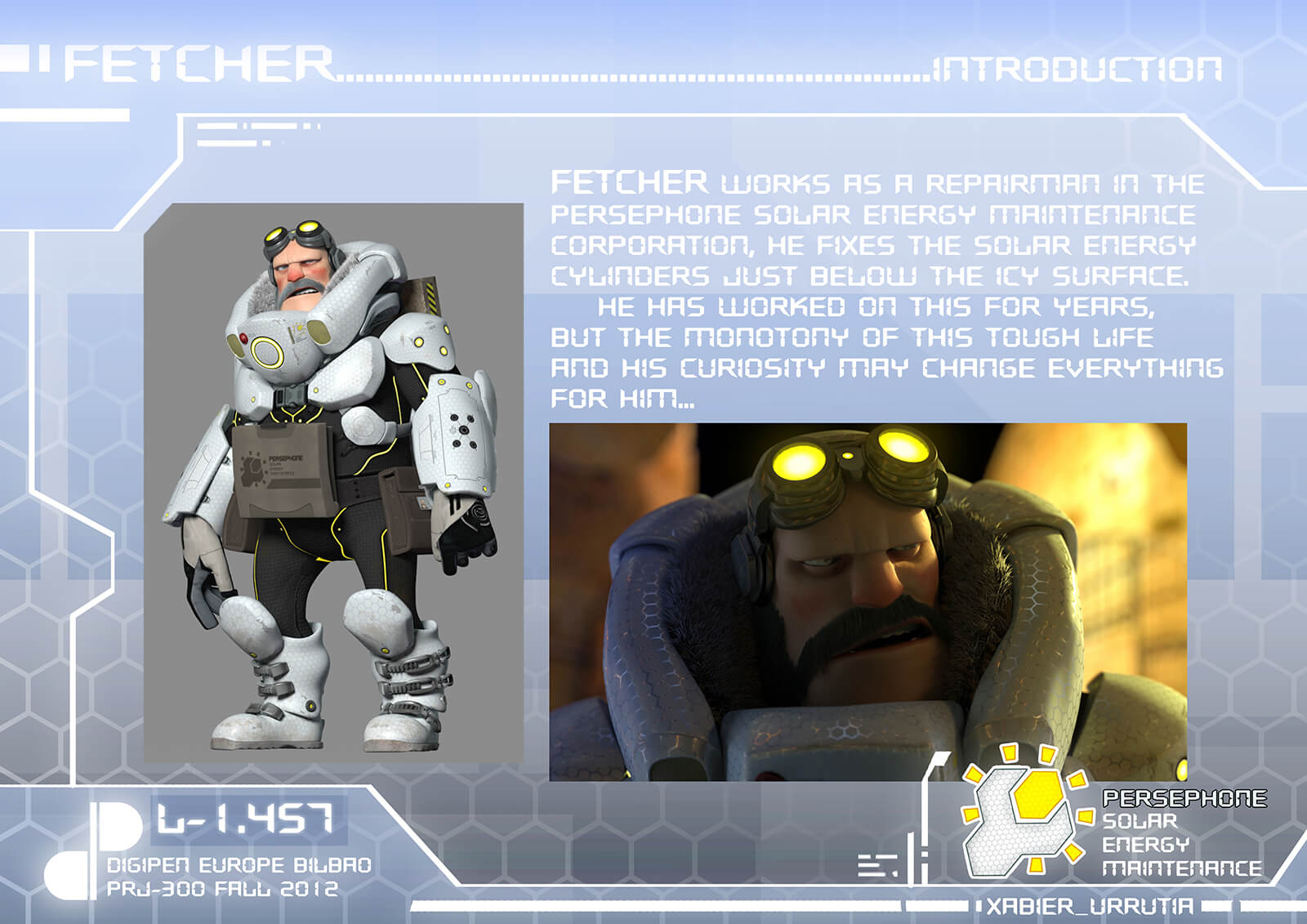 Character and story introduction slide from the film Level 1457 of Fetcher, a bearded man in white and black futuristic armor