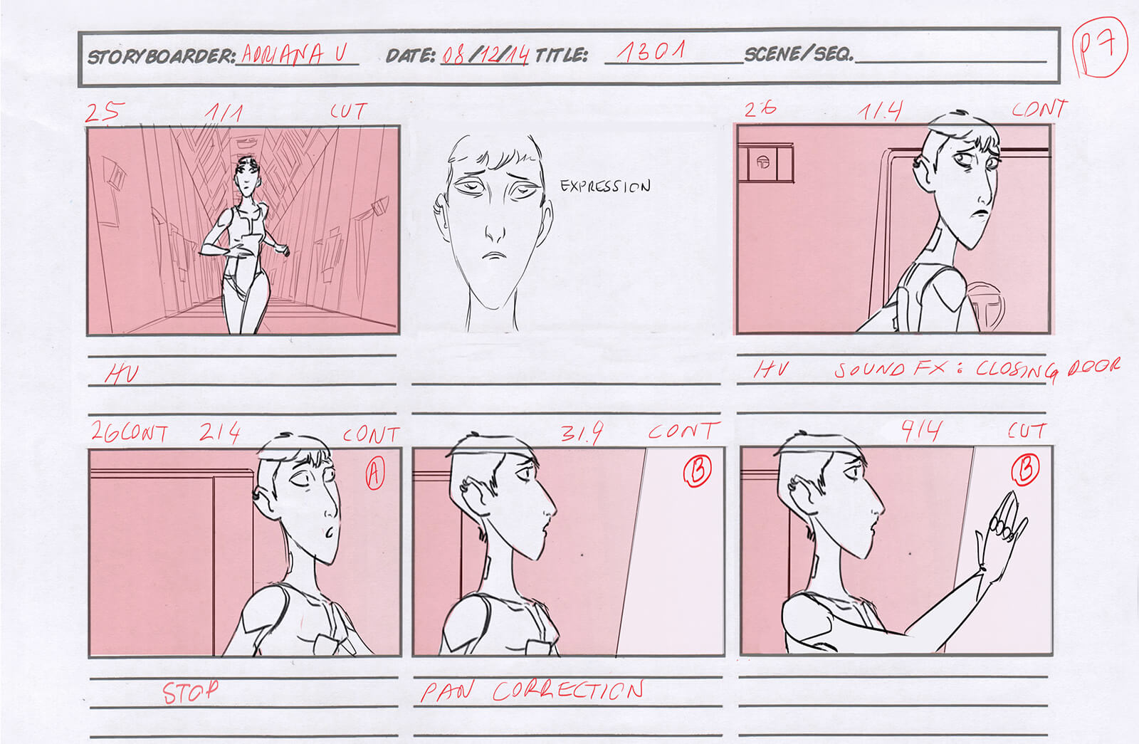Red and white sketched storyboard for the film REA depicting the action from the beginning of the story to the end