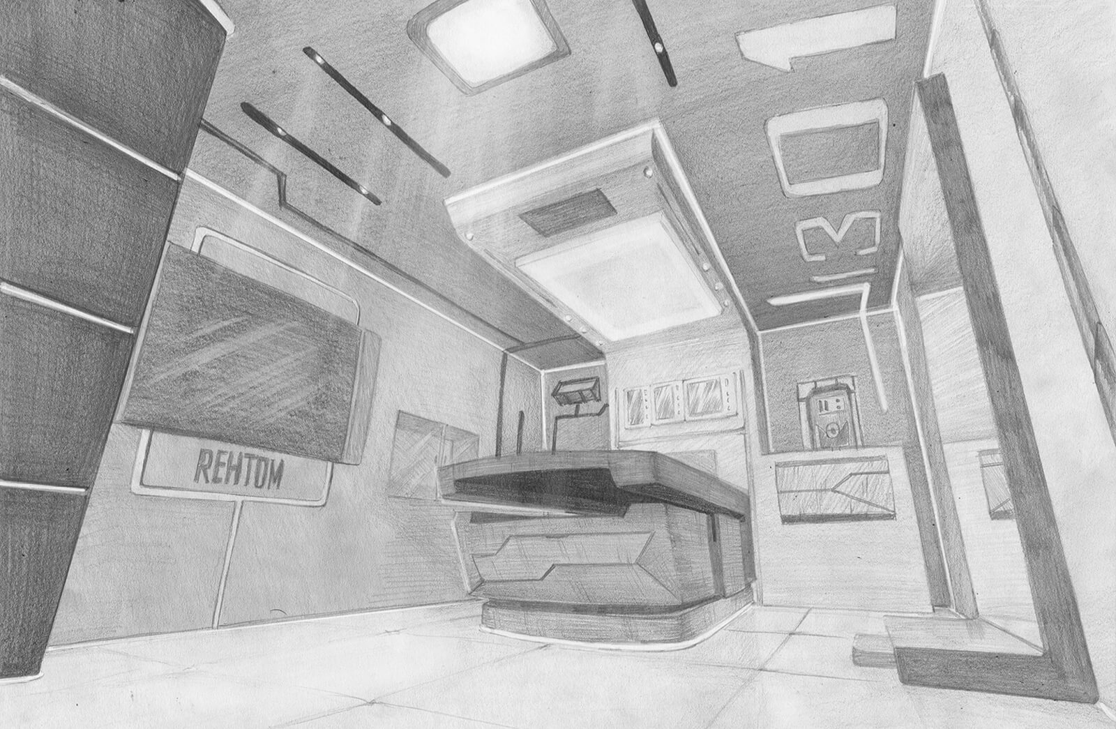 Black-and-white drawing of a futuristic medical bay with an examining table, wall displays and lighting
