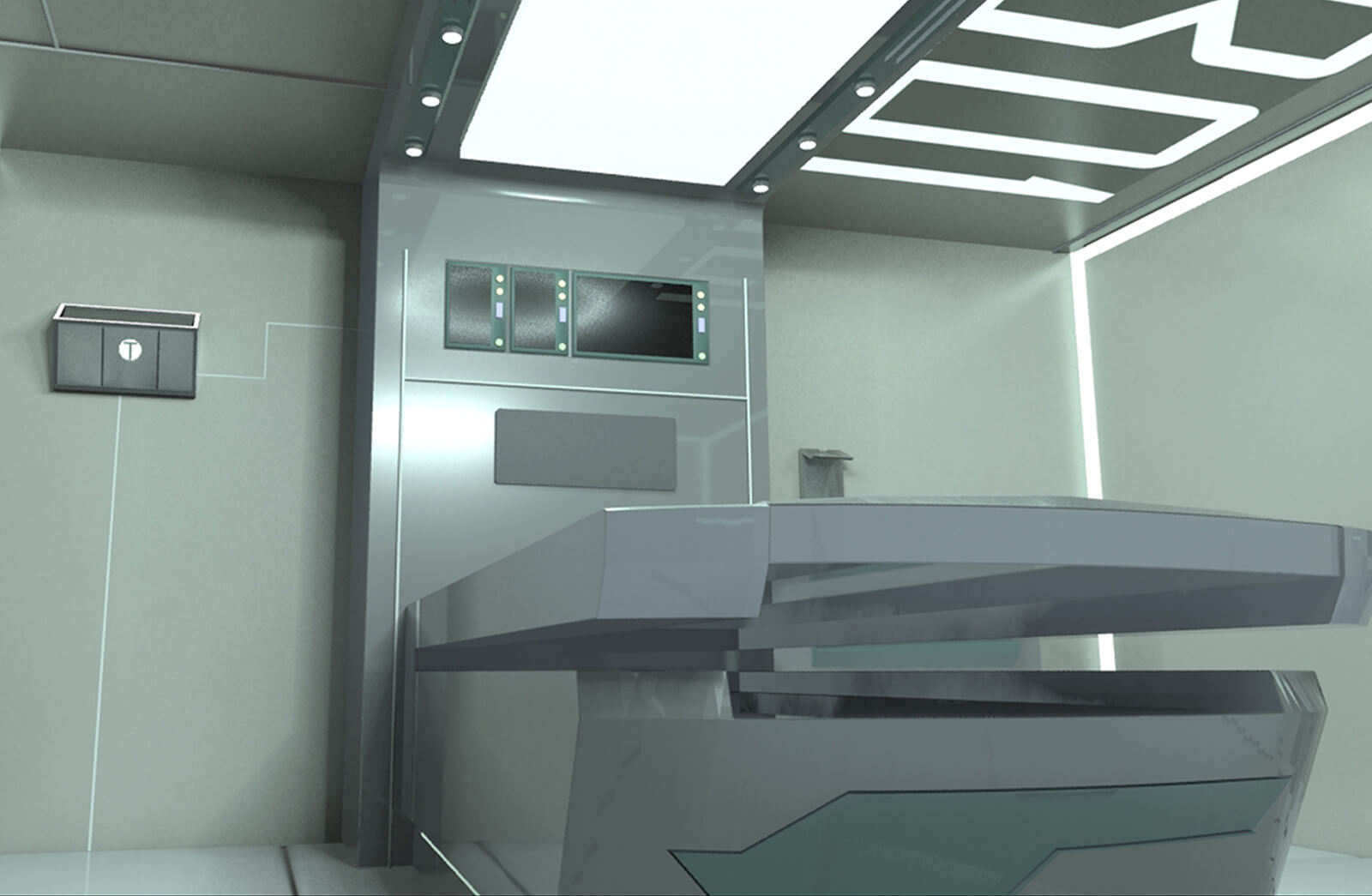 Render of a futuristic medical bay with an examining table, wall displays and lighting