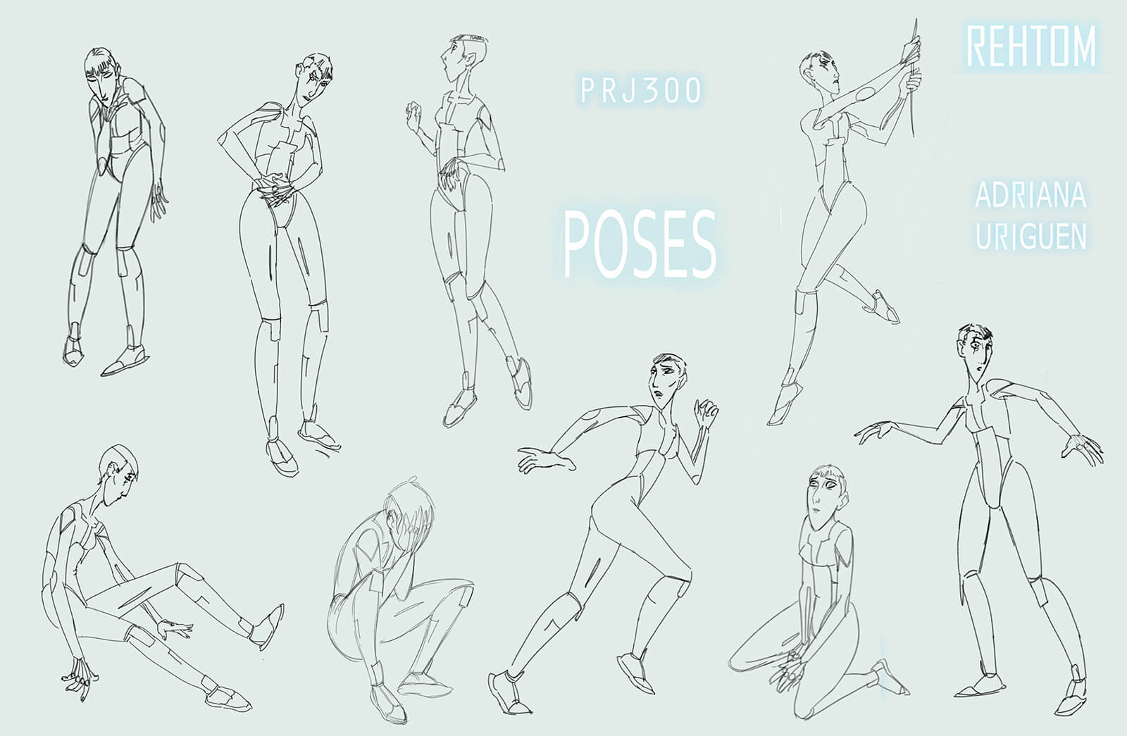Black-and-white sketches of poses for a tall, thin woman, including running, sitting, and kneeling among others