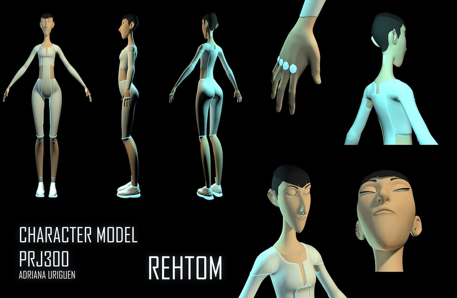 3D character model of a tall, thin woman standing in futuristic white clothing from different angles