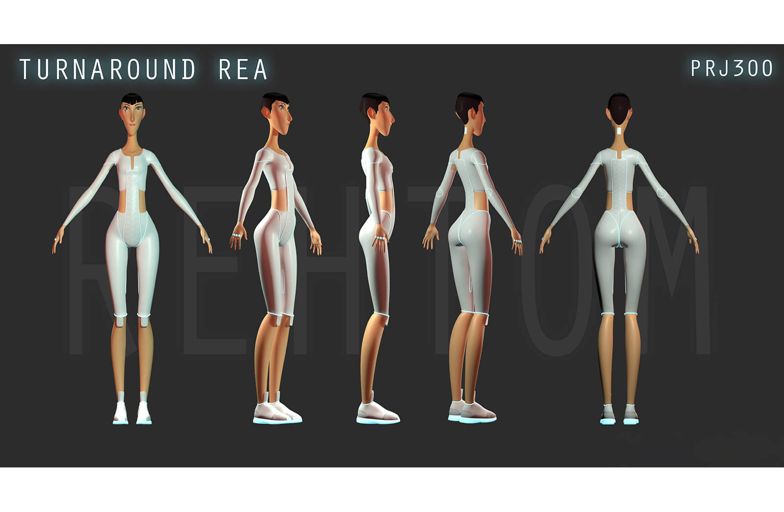 Turnaround 3D character model of a tall, thin woman standing in futuristic white clothing from different angles