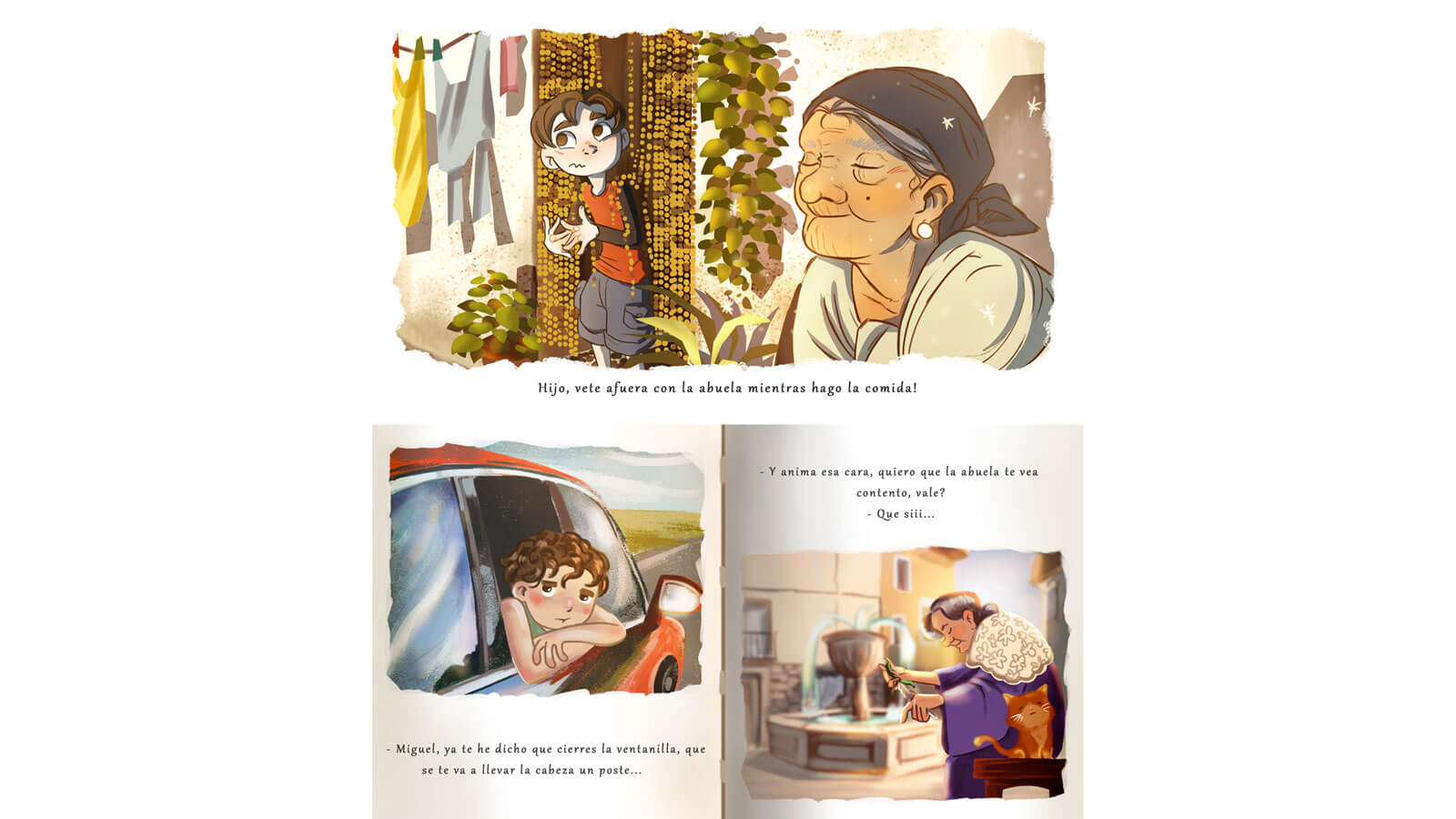 Concept artwork of three scenes including the boy looking out a car window, the boy exiting a house to find his grandma outside, and the grandma cooking next to a cat