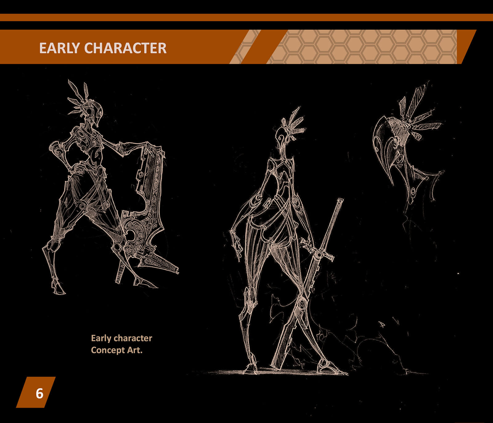 Character design concept sketches, a stylized warrior in ornate armor holds elaborate melee weapons