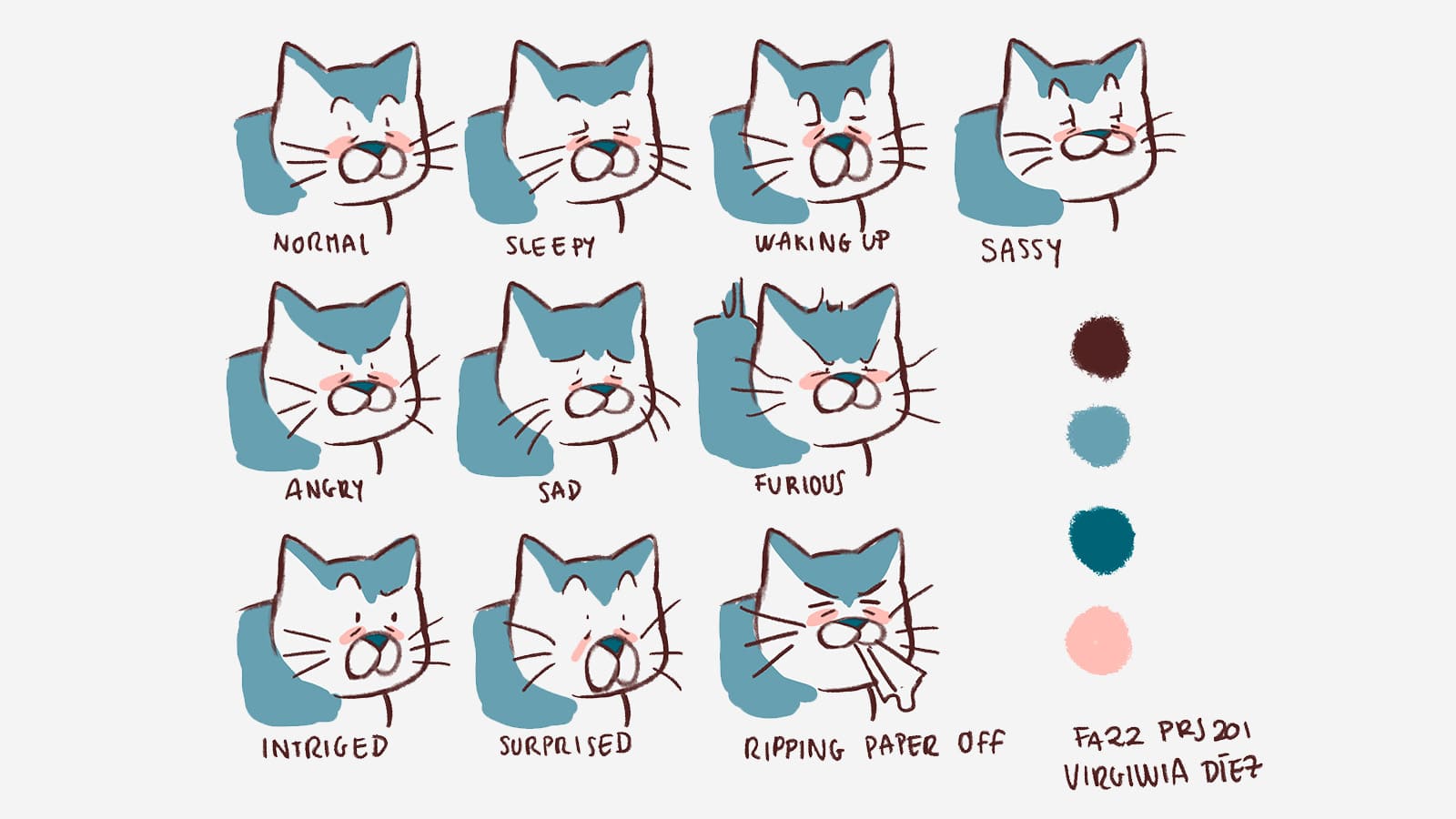 Drawings of the different moods of a cat and the color palette used.