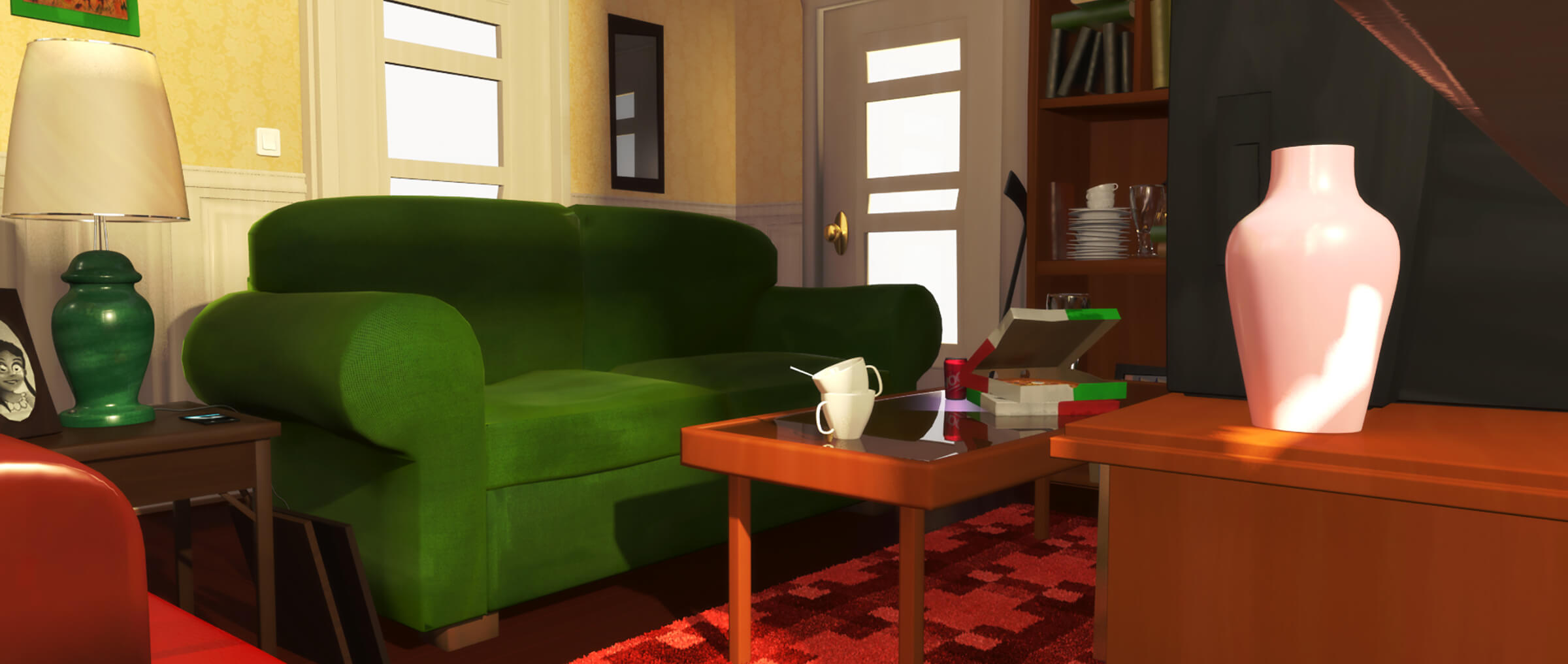 En una sala de estar iluminada por el sol, un sofá verde de dos asientos se encuentra detrás de una mesa de café de cristal con una caja de pizza abierta encima.