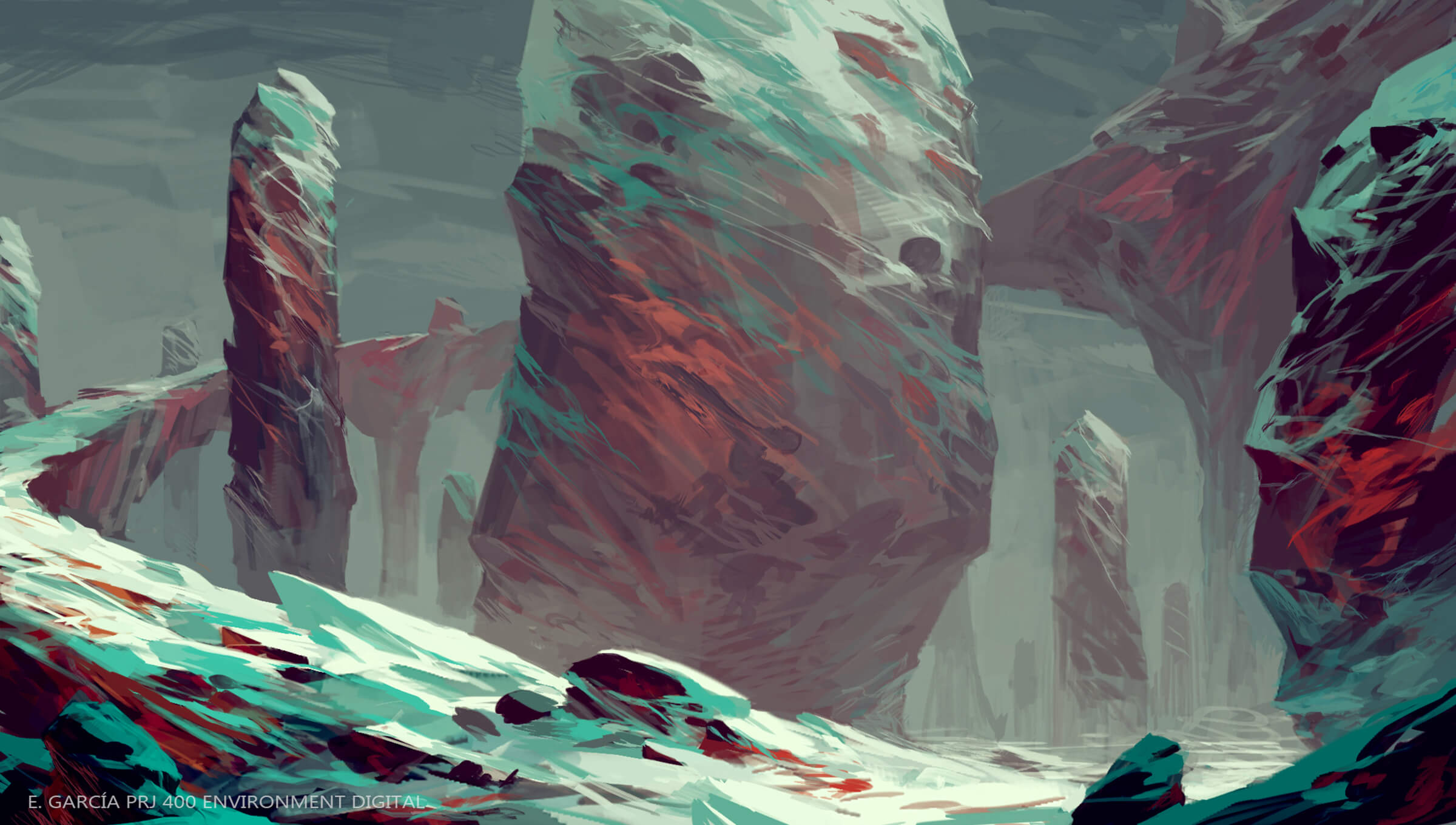 Un entorno rocoso con afloramientos cubiertos de nieve donde predominan los tonos de color blanco, azul y rojo.