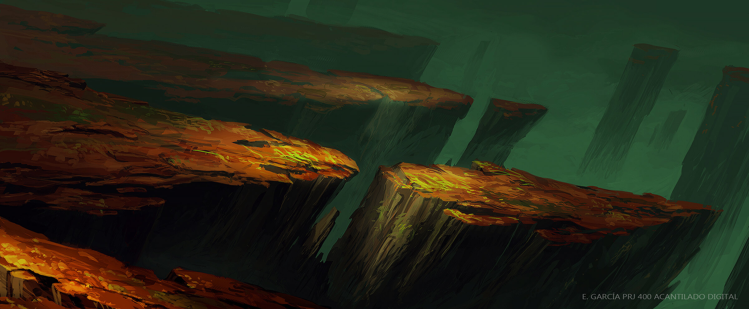 Escarpados acantilados rojos en un paisaje extraño se adentran siniestramente en un cielo verde oscuro.