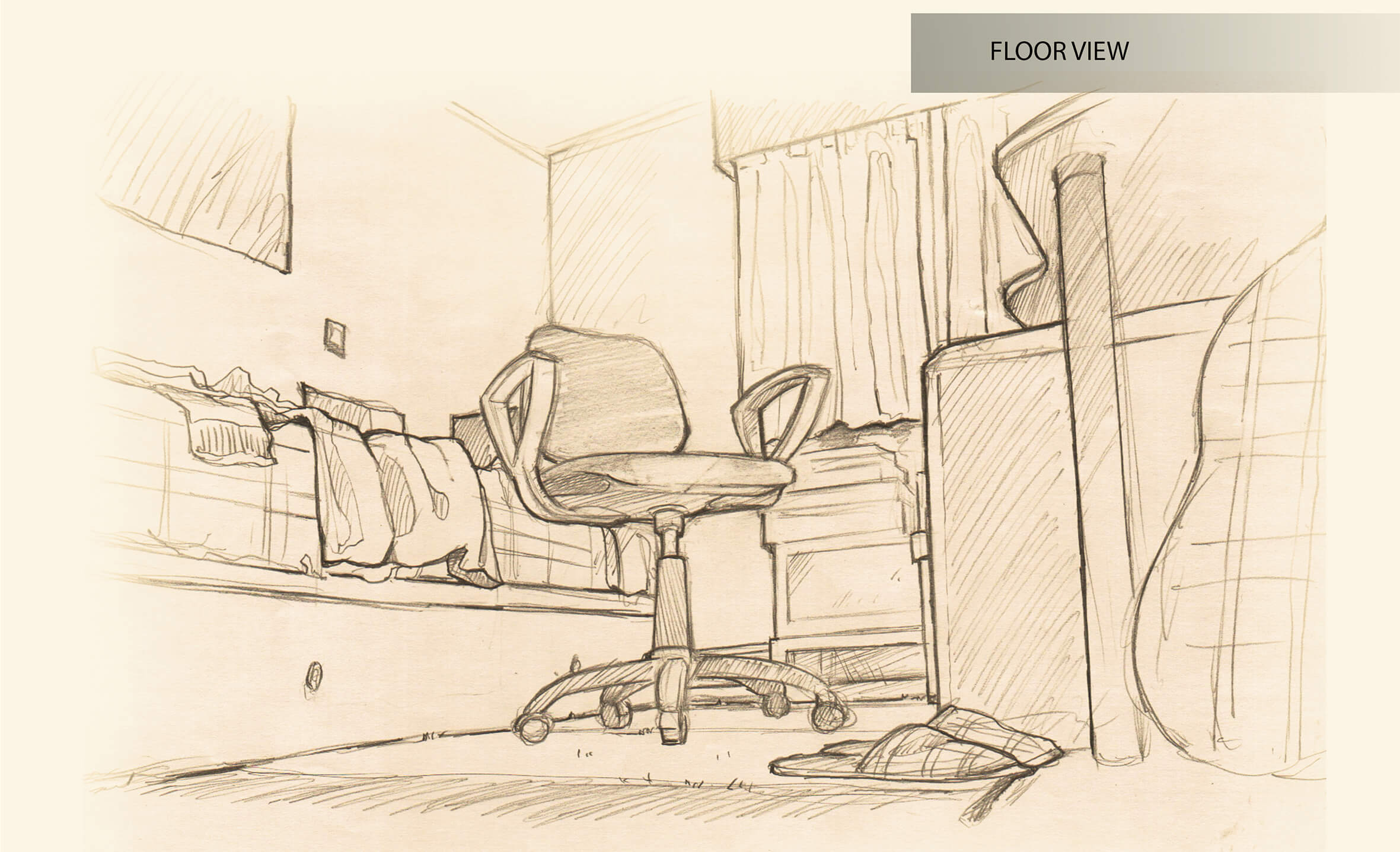 Vista en blanco y negro del esbozo de un dormitorio visto desde el suelo. Una silla de ordeandor con ruedas es el foco de la obra.