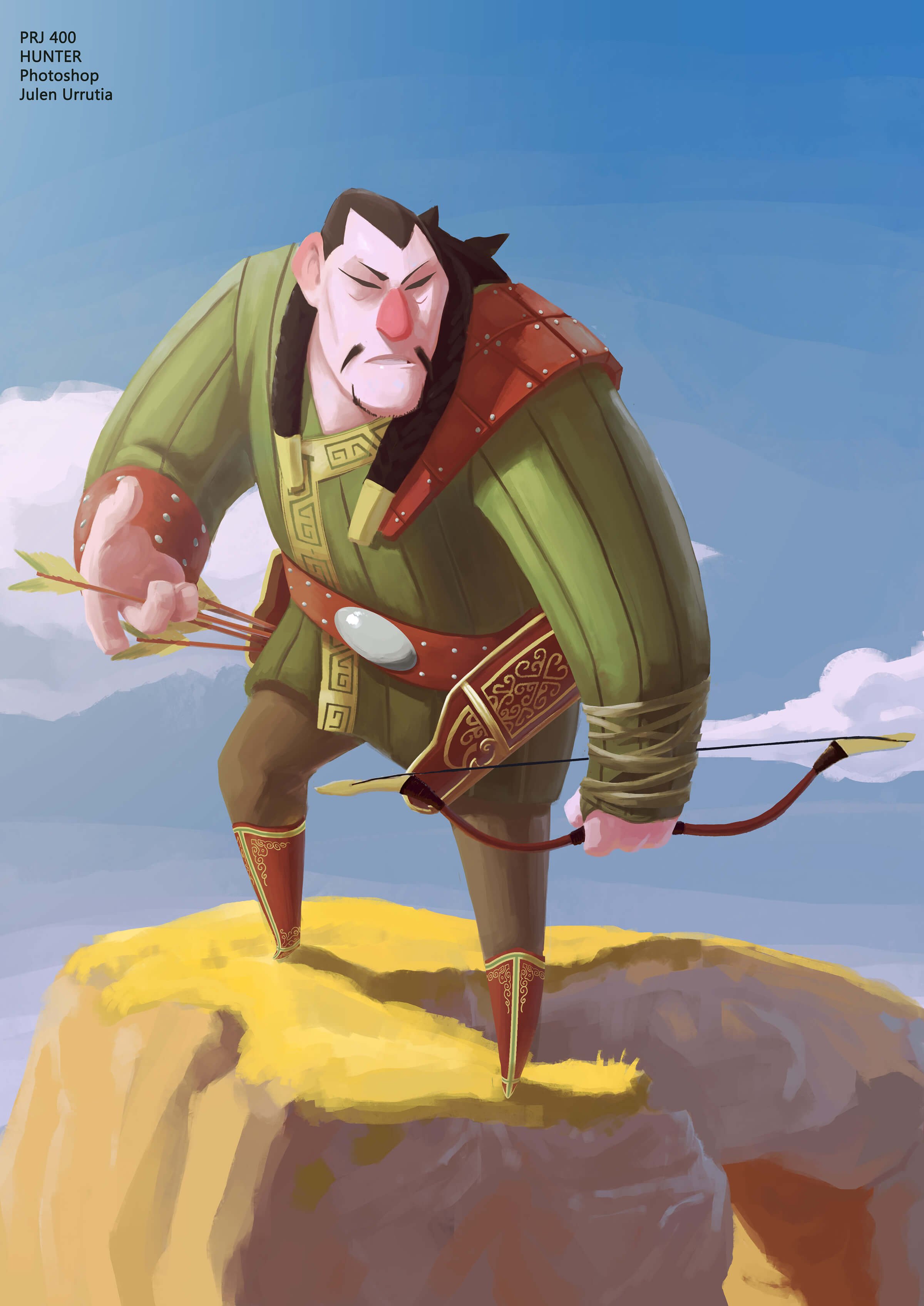 A hulking hunter in traditional dress stands atop a rock looking down as he draws an arrow to shoot with his bow.