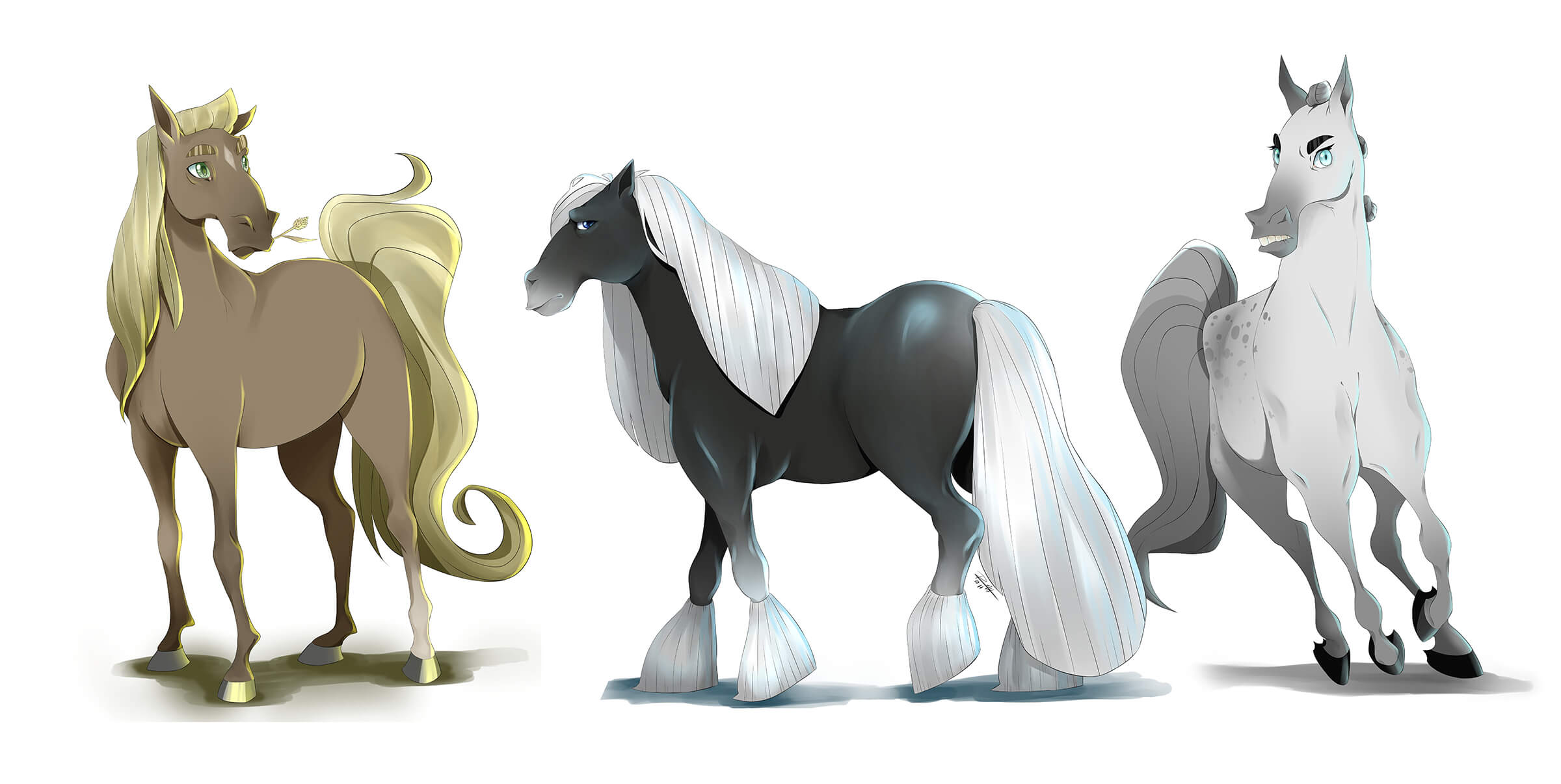 Digital painting of a brown, black, and white horse in cartoon stylization seen from various angles.