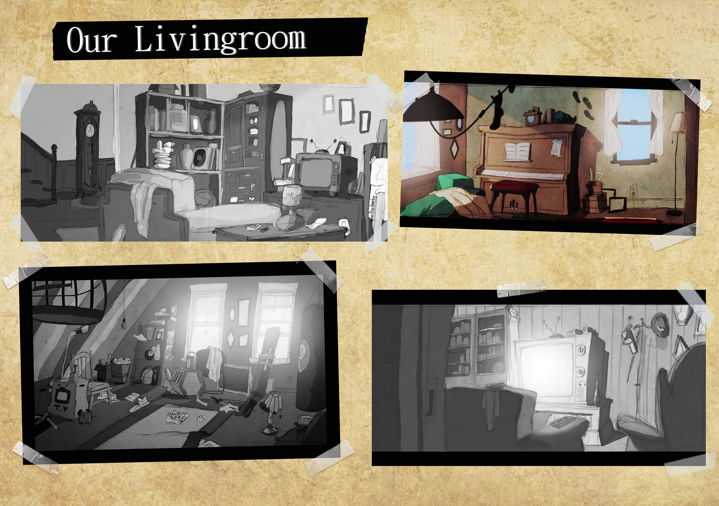 Concept art of a messy living room including a couch, television, upright piano, lamps, a grandfather clock, and shelves.