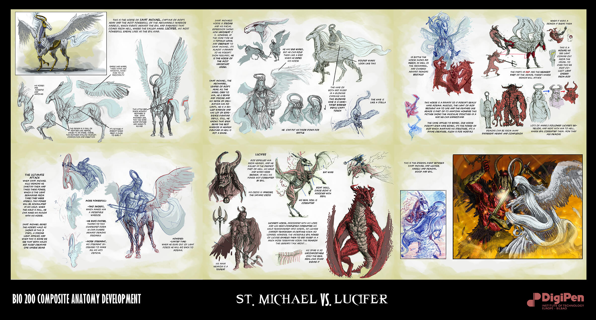 Designs and descriptions for an angelic character on horseback and a demonic figure on a dragon as they do battle.