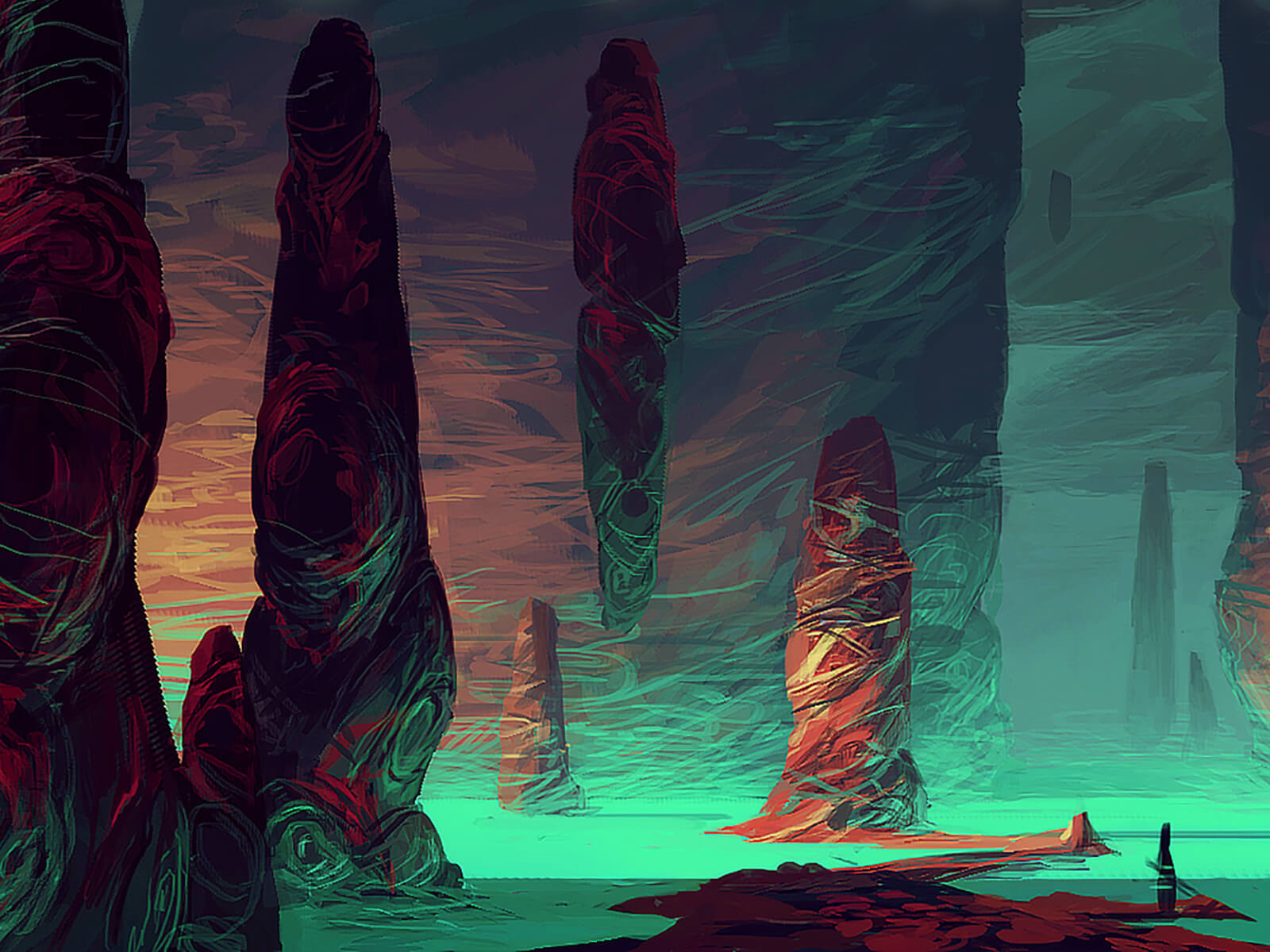 A dark alien environment with colorful rock outcroppings is lit from below by glowing aquamarine body of water.