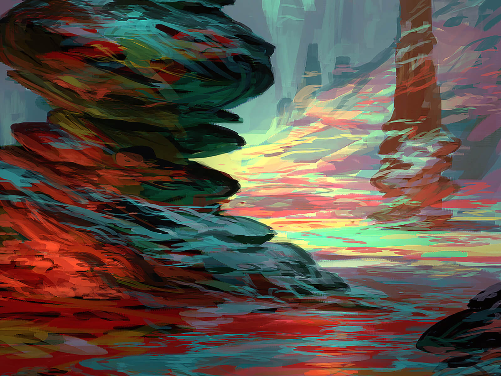 A rocky, alien environment with colorful outcroppings. A slender strip of stone hovers mysteriously above the landscape.