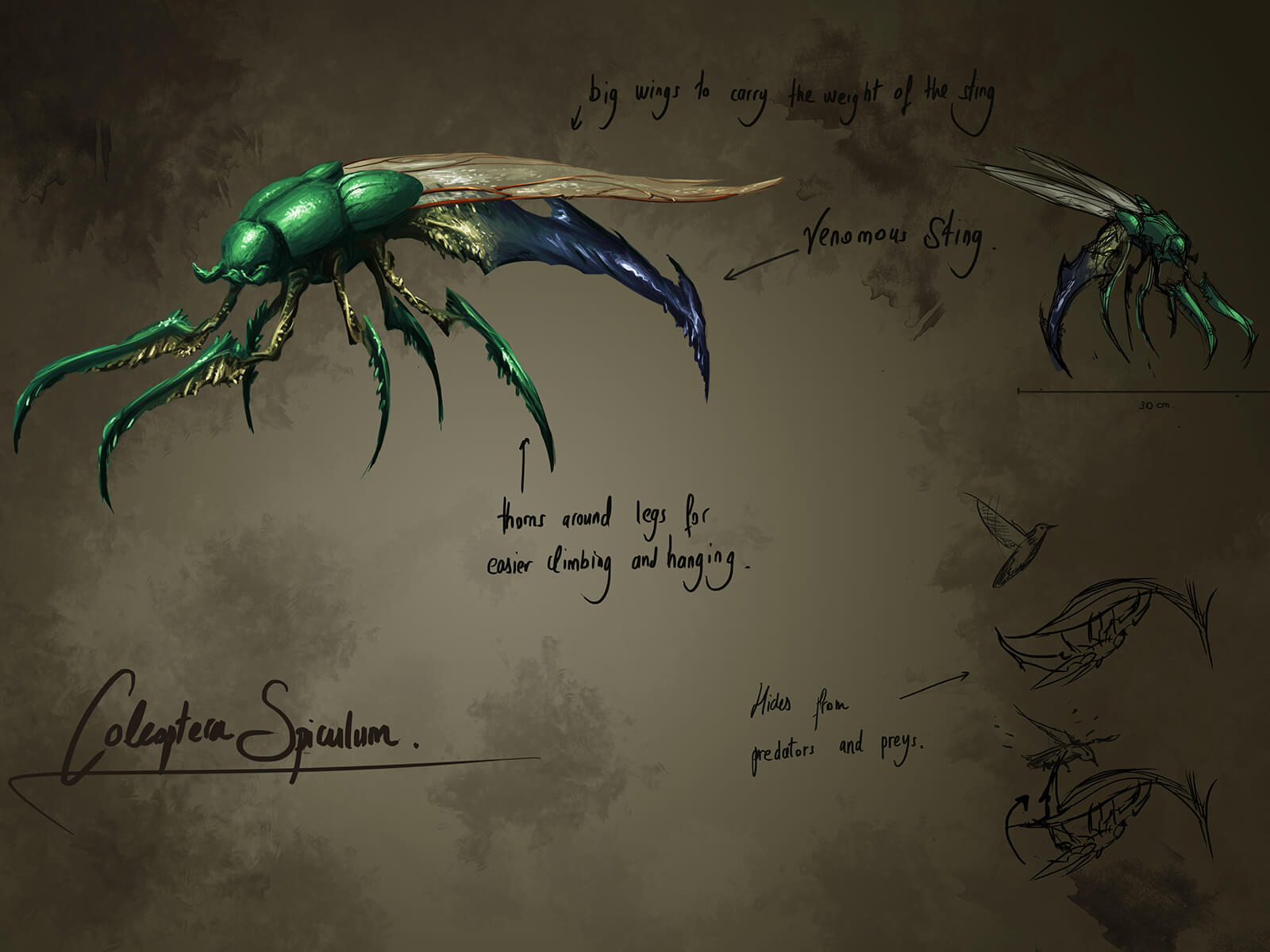 Concept art of a green, alien beetle with long, talon-like legs and a fearsome blue stinger protruding from behind.