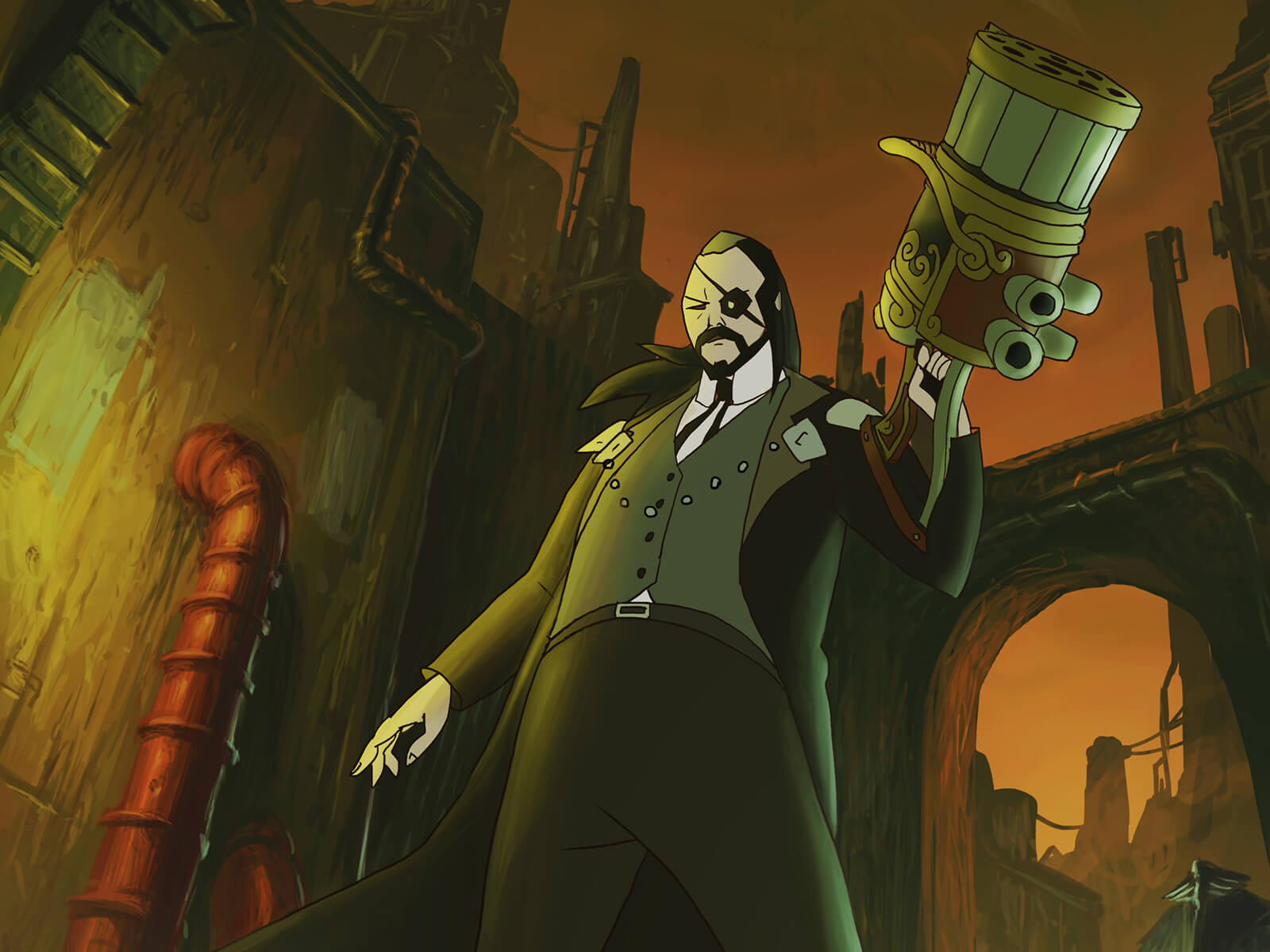 A man in an eye patch and steampunk garb stands in an industrial alleyway holding a large barrel-shaped weapon in one hand.