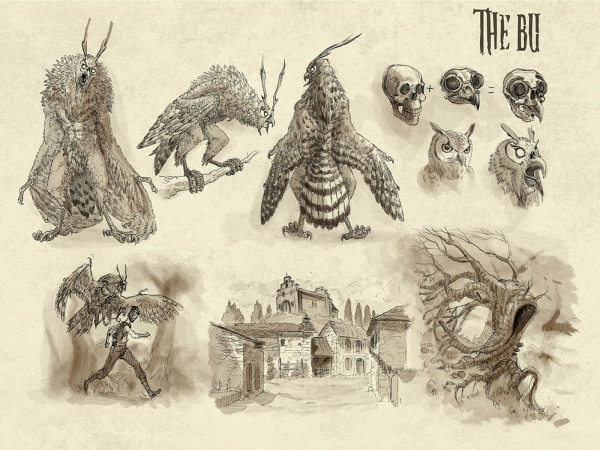 Black-and-white sketches of a massive, owl-like beast, including its anatomy and explanation of this habits.