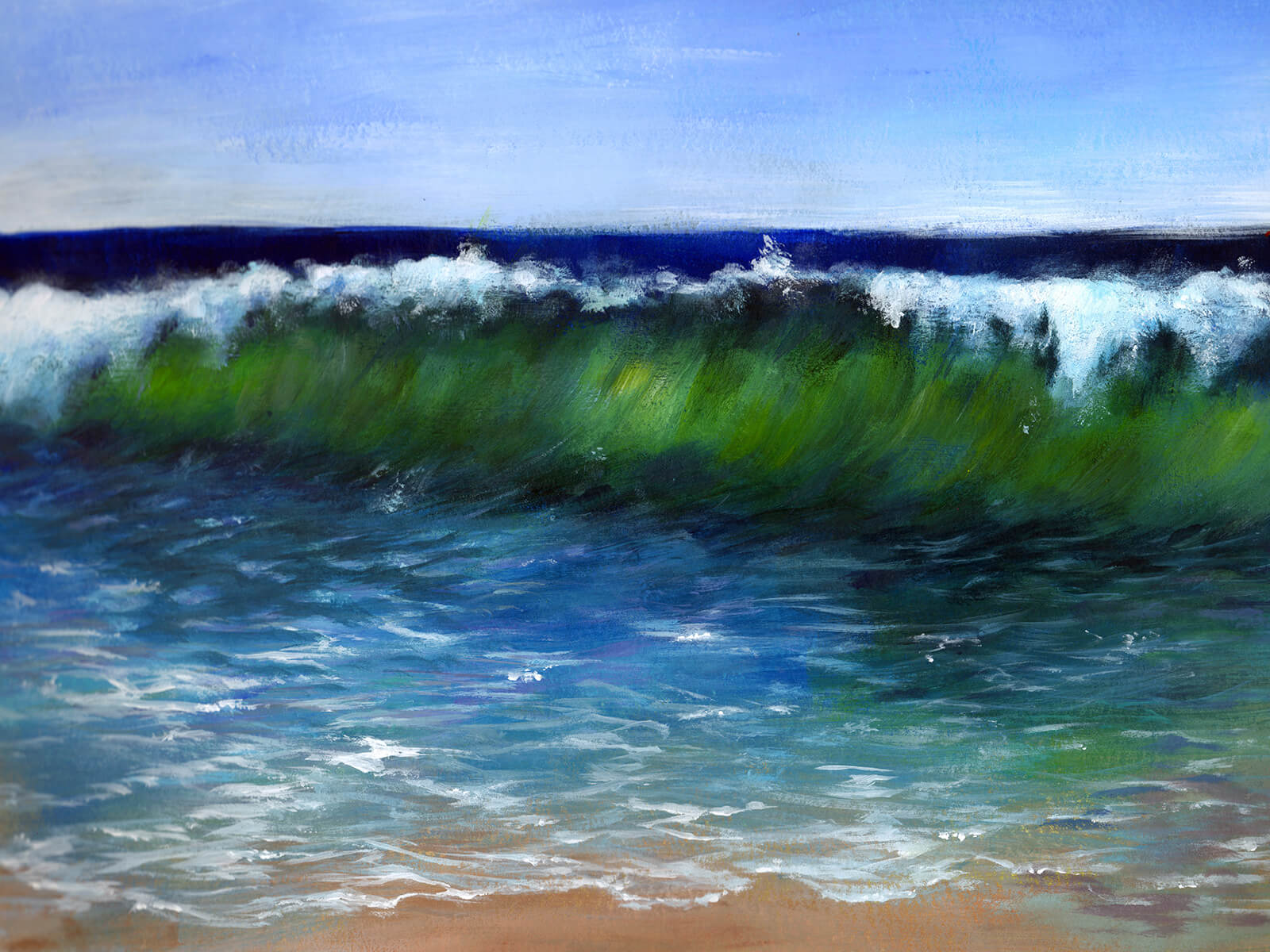 A greenish wave crests toward the viewer near a sandy shore. Blue skies and a deeply blue ocean are seen behind.