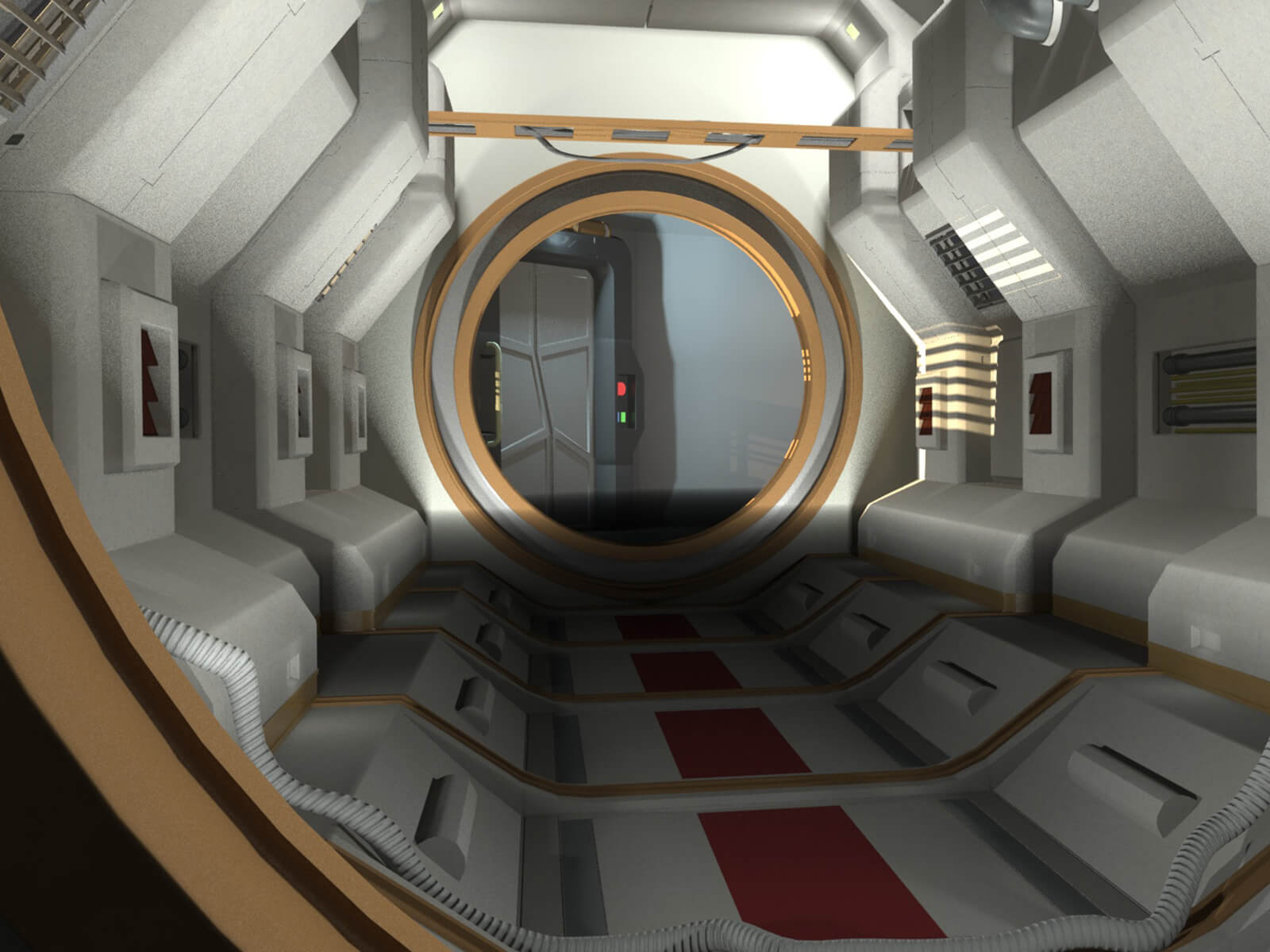 Cylindrical white and red corridor in a sterile, futuristic style ending at a round porthole to another area.