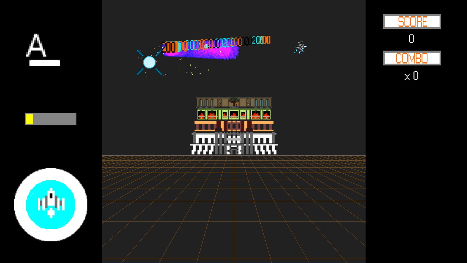 A pixellated building sits in the background of a gridded plane, high score numbers glitching out above it