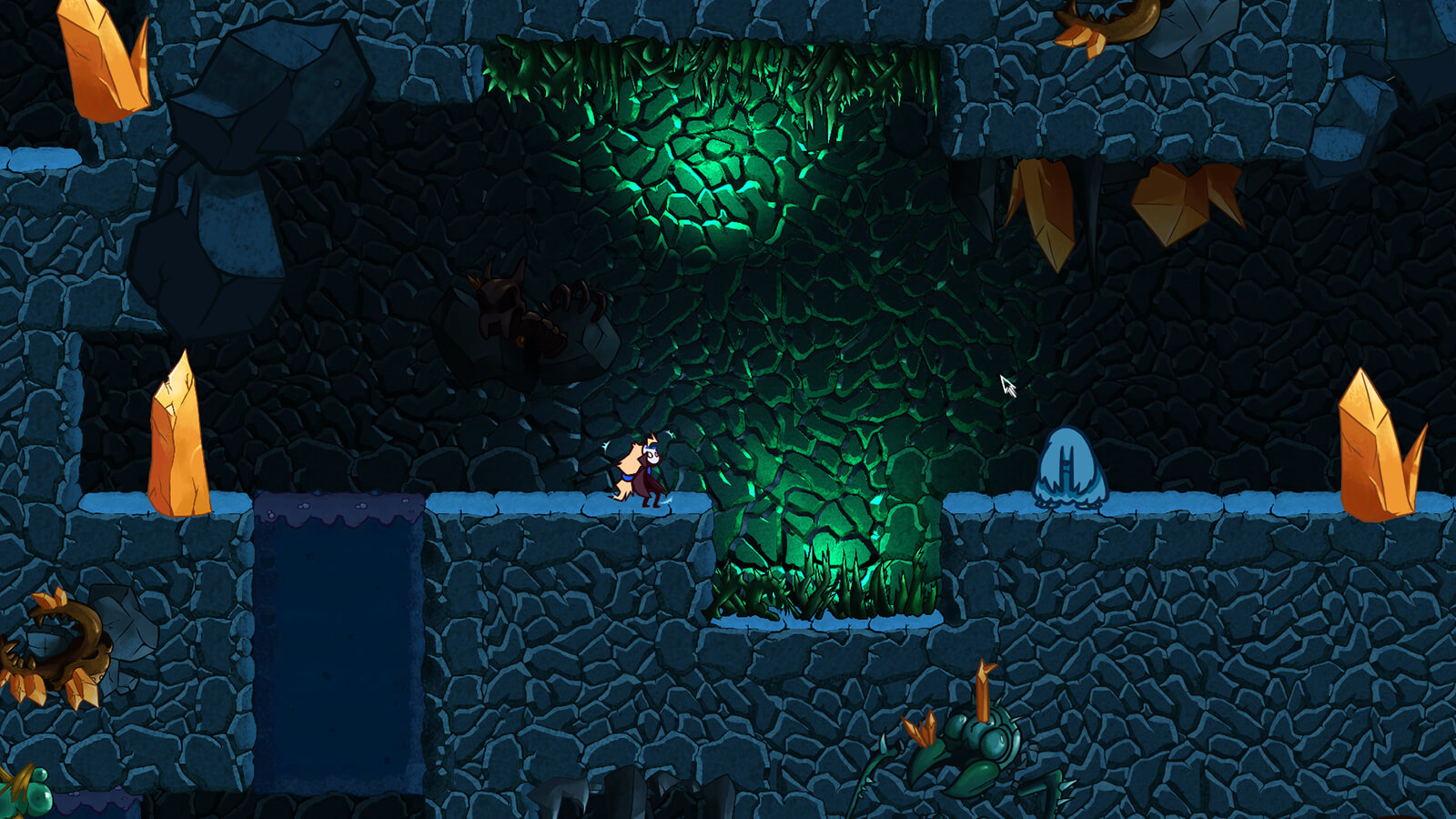 Captura de pantalla con el personaje principal Jera en una caverna de paredes azules.