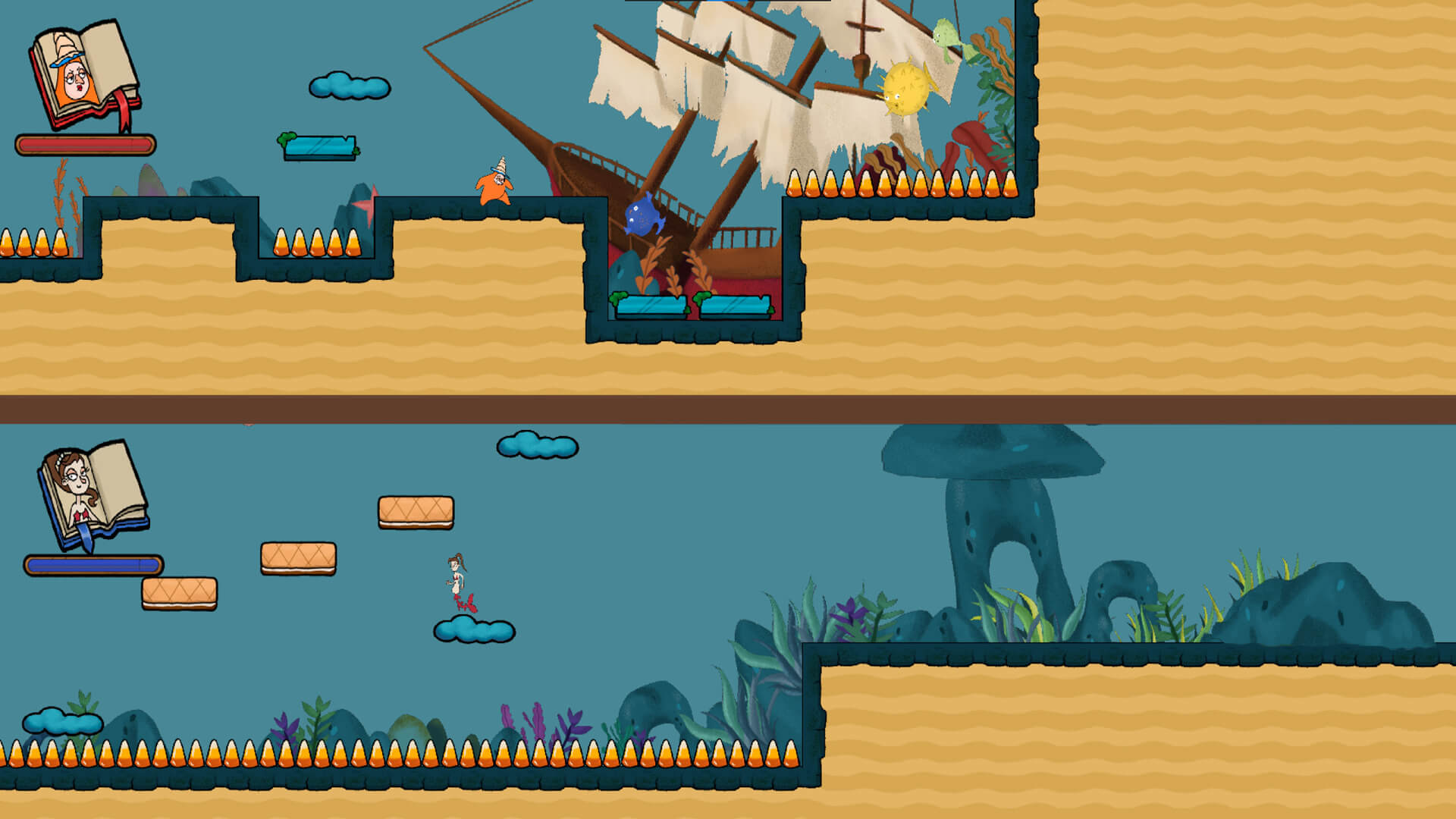 Dos jugadoras corren a por la poción mágica, cada cual avanza a su ritmo en un mundo marino, lleno de algas, rocas y hasta un barco hundido.