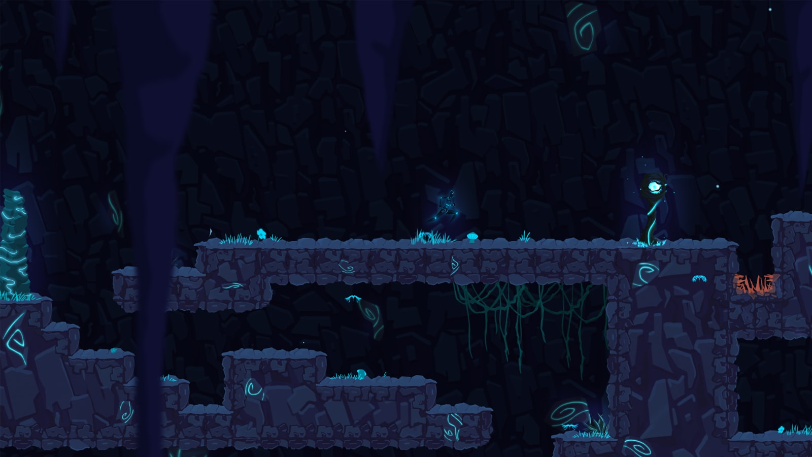 An android runs toward a glowing blue orb in a rocky, blue setting