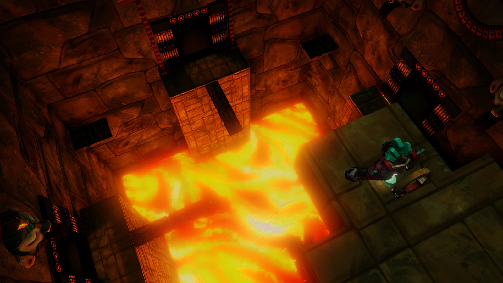 A glowing red lava pit at the bottom of a stone temple room