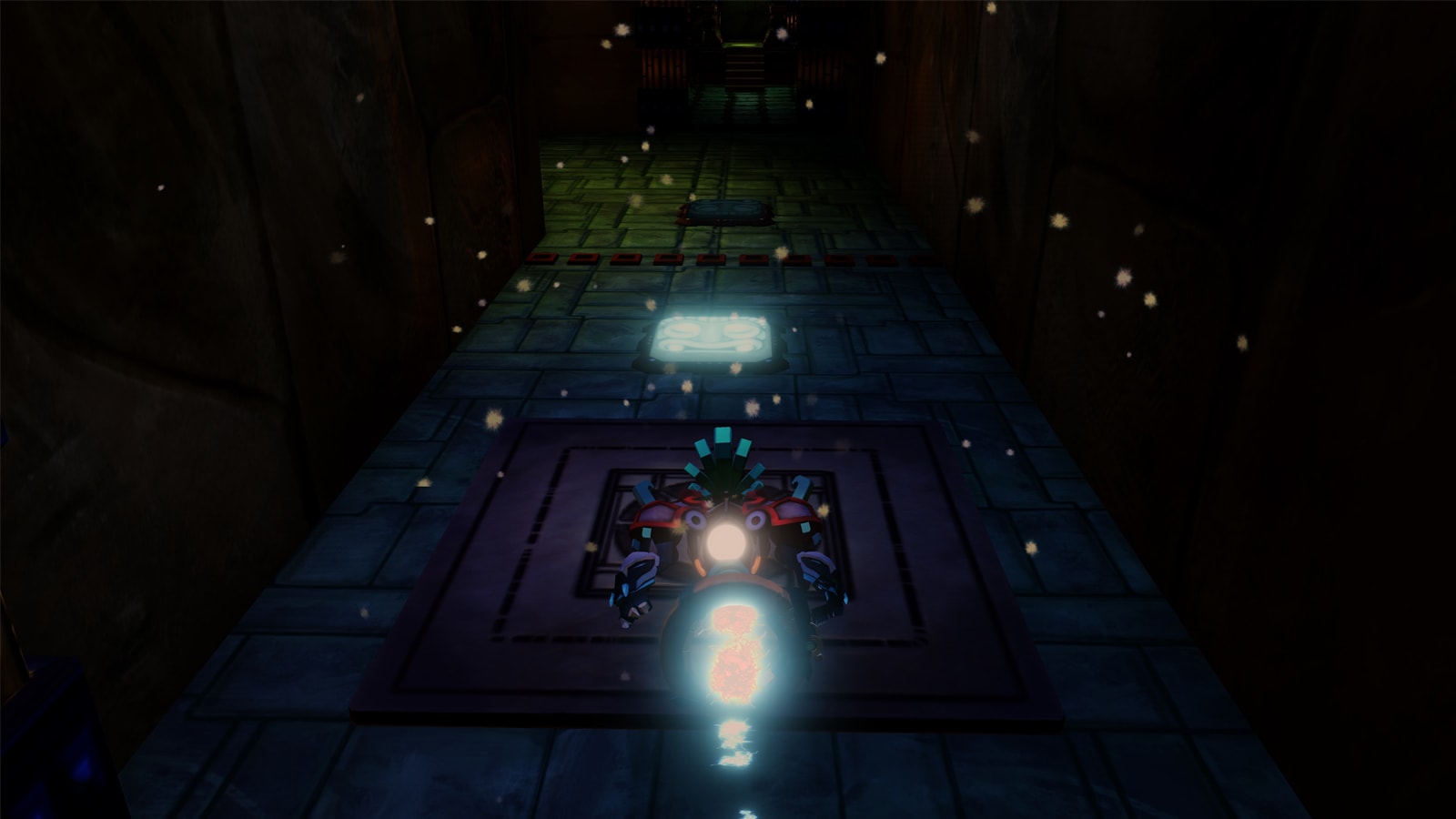 A glowing avatar floats down a stone corridor towards a glowing stone face