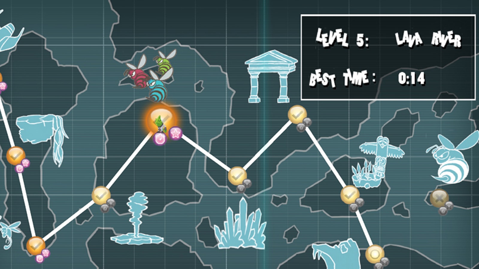 The game&#039;s overworld map, full of icons for different levels
