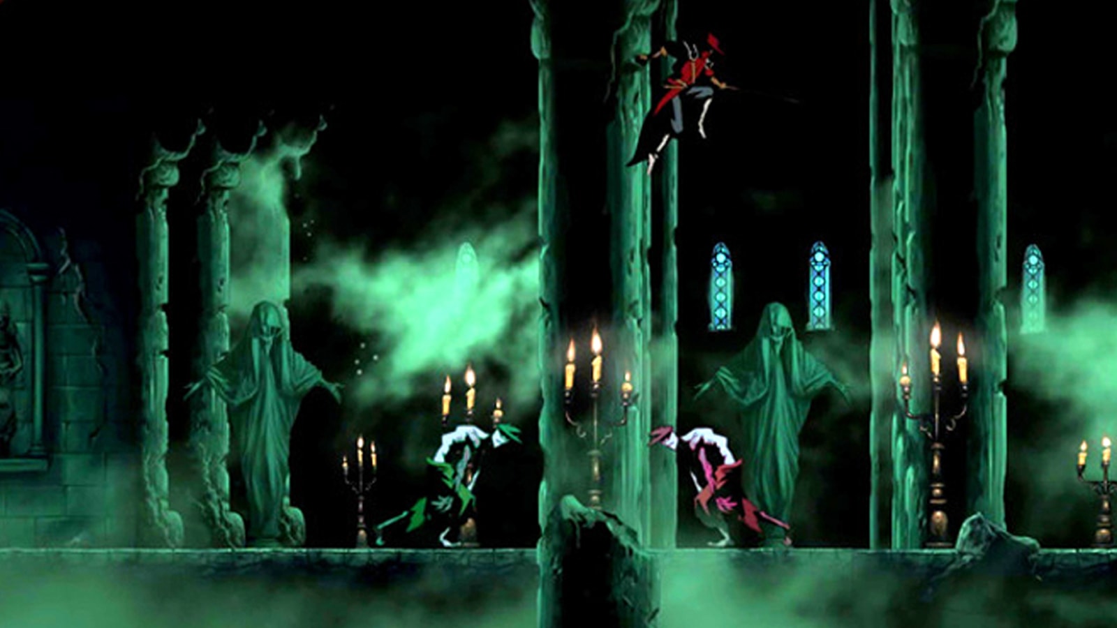 A swordsman in red leaps above two zombies in a decrepit church