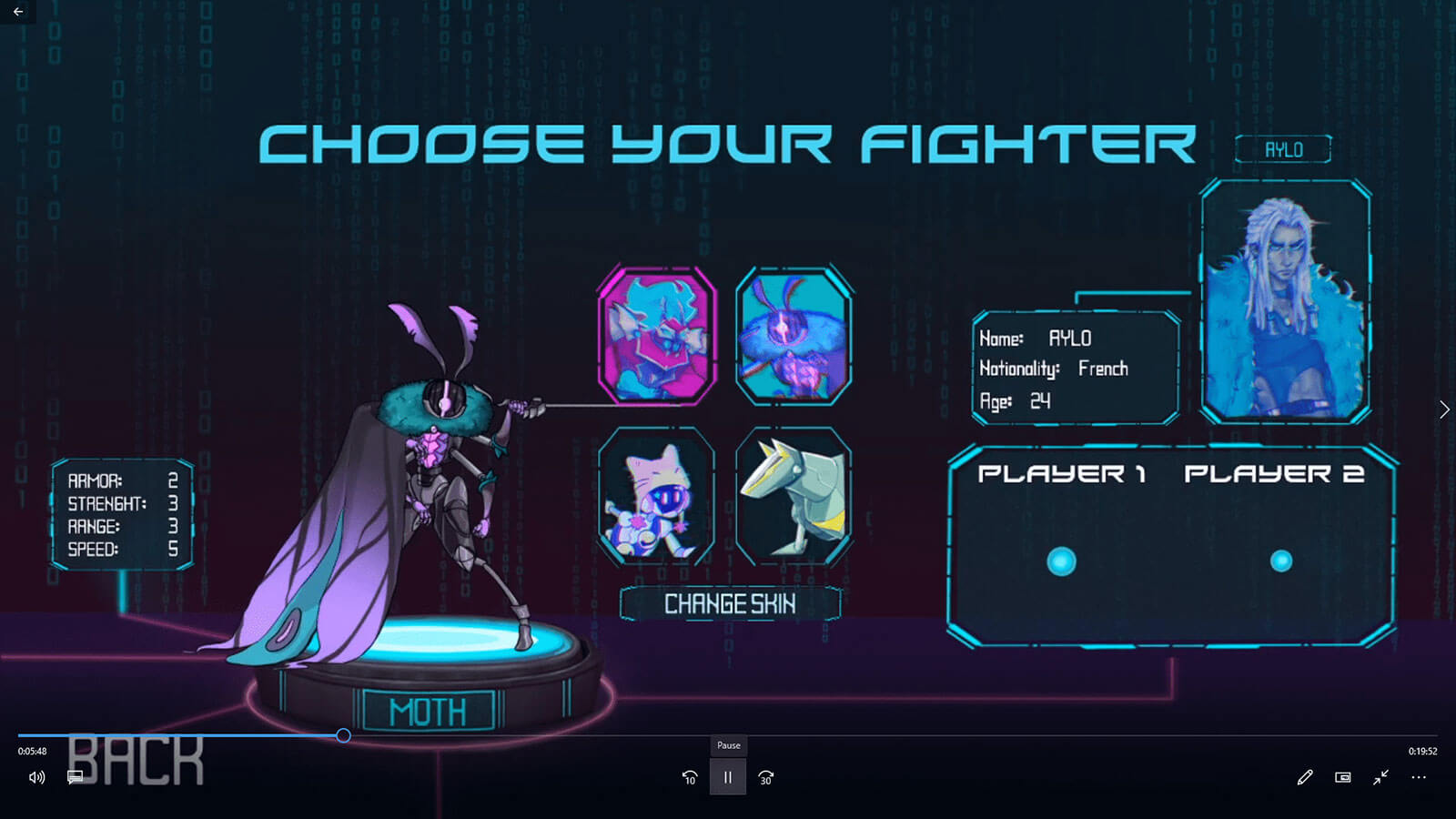 Pantalla para elegir jugador qué muestra un pódium con el jugador y sus características.