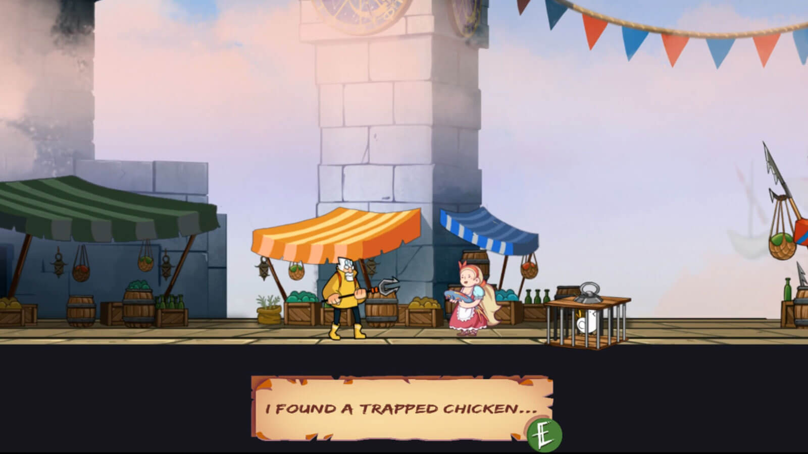 A player holding a pike speaks with a NPC inside a town, stating I found a trapped chicken...