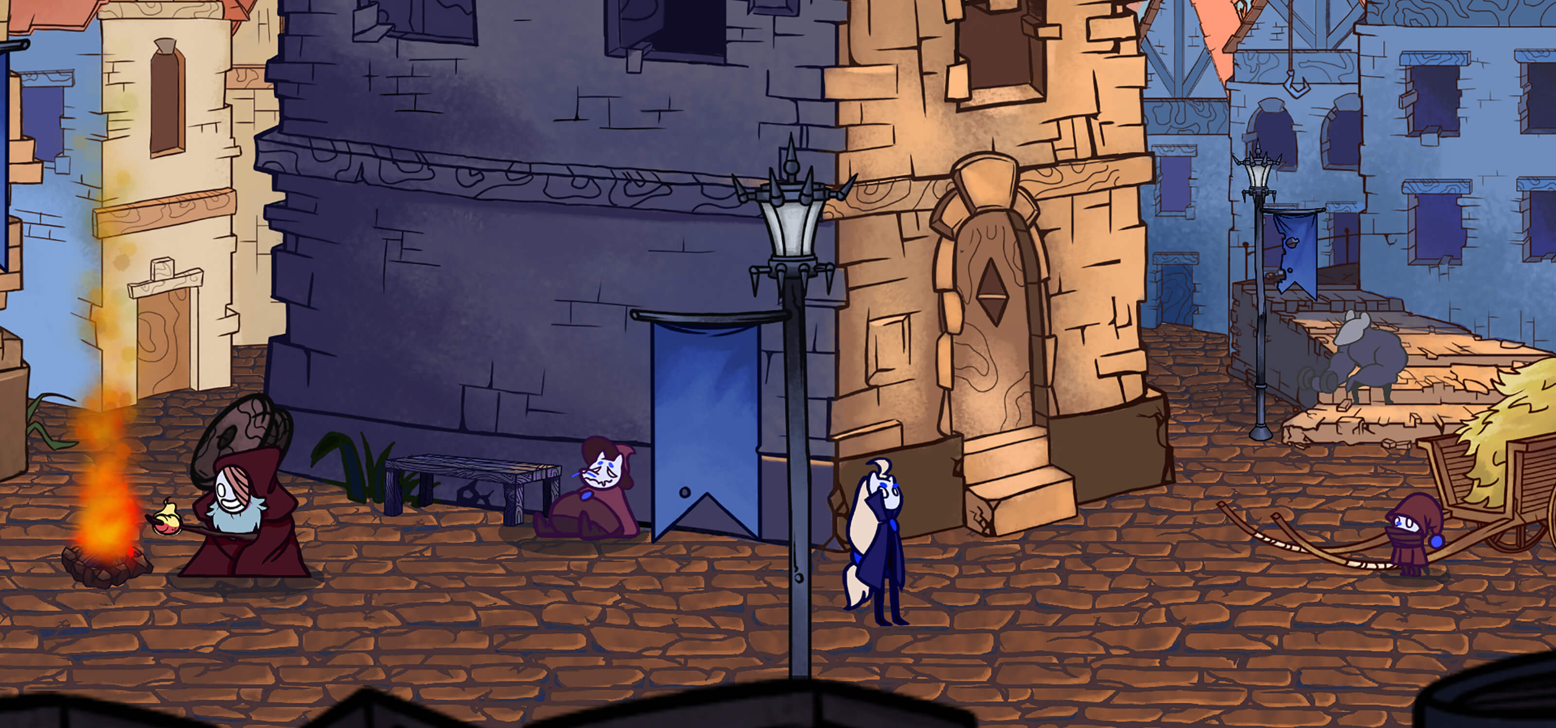 Screenshot from award-winning student game Jera, featuring a village scene with various characters