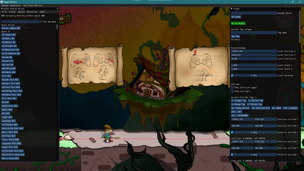Screenshot of a 2D game with various development tool windows overlayed over it.