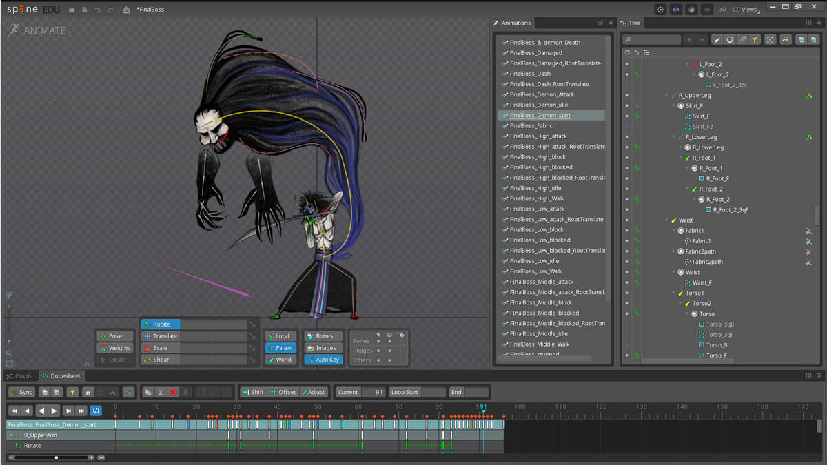 View from an animation program where a 2D enemy is animated using keyframes.