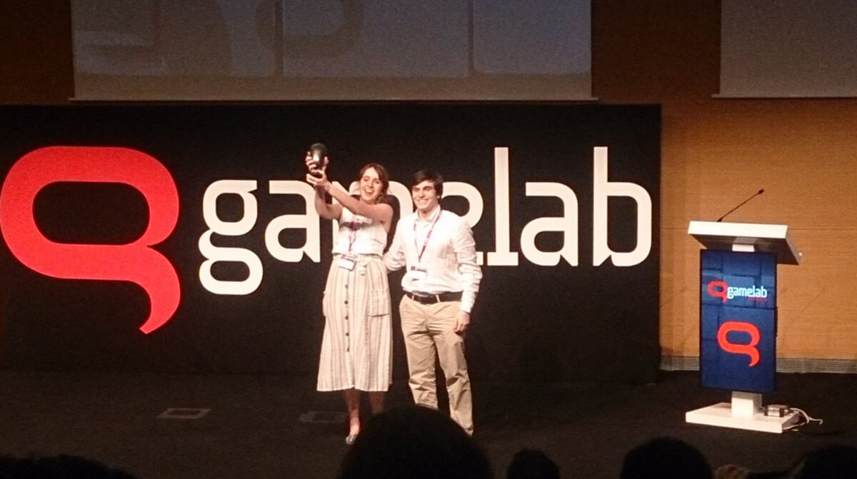 Members of Team Tannhauser on stage accepting their award at Gamelab
