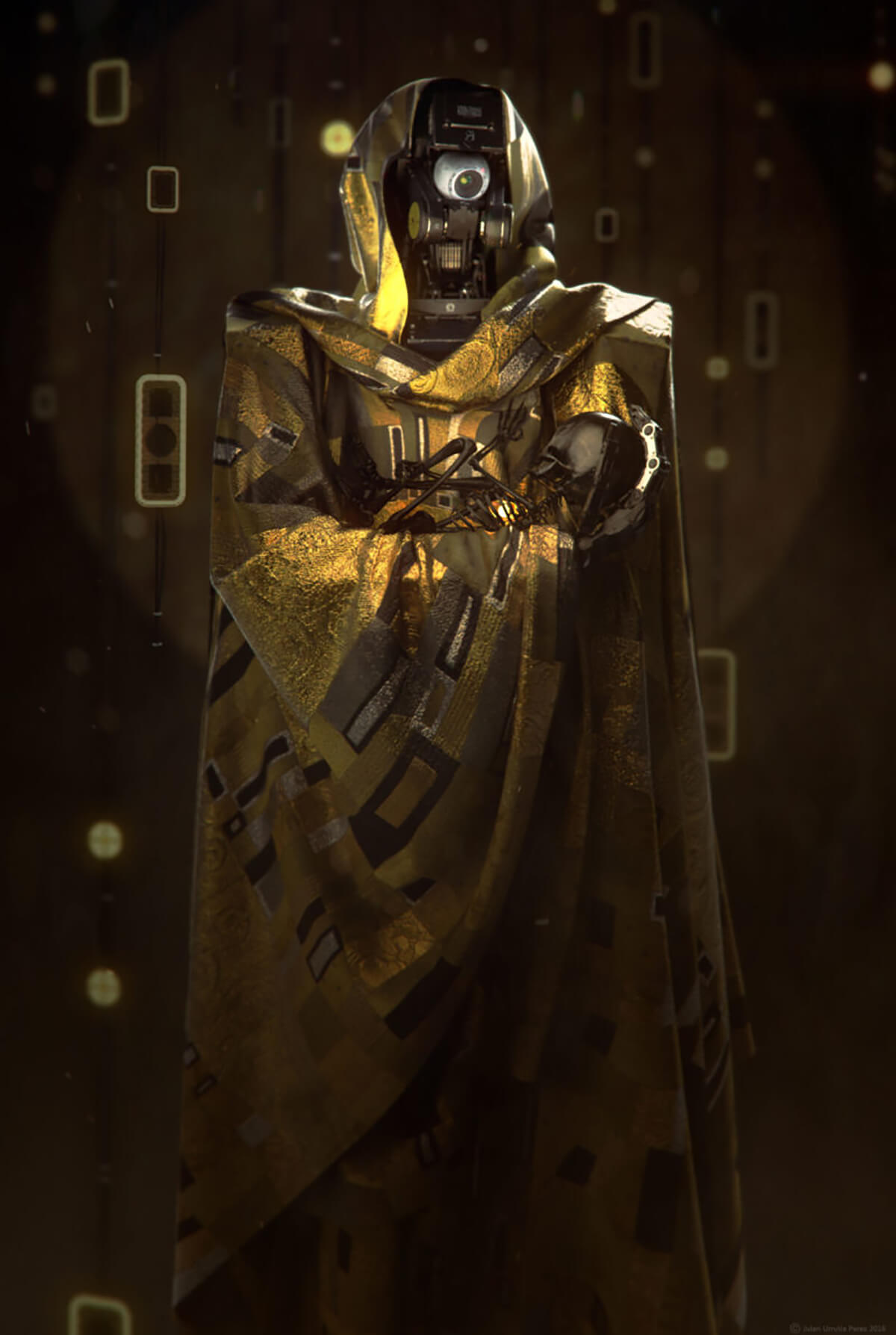 A one-eyed robot in a golden hood and cape, inspired by the work of Gustav Klimt