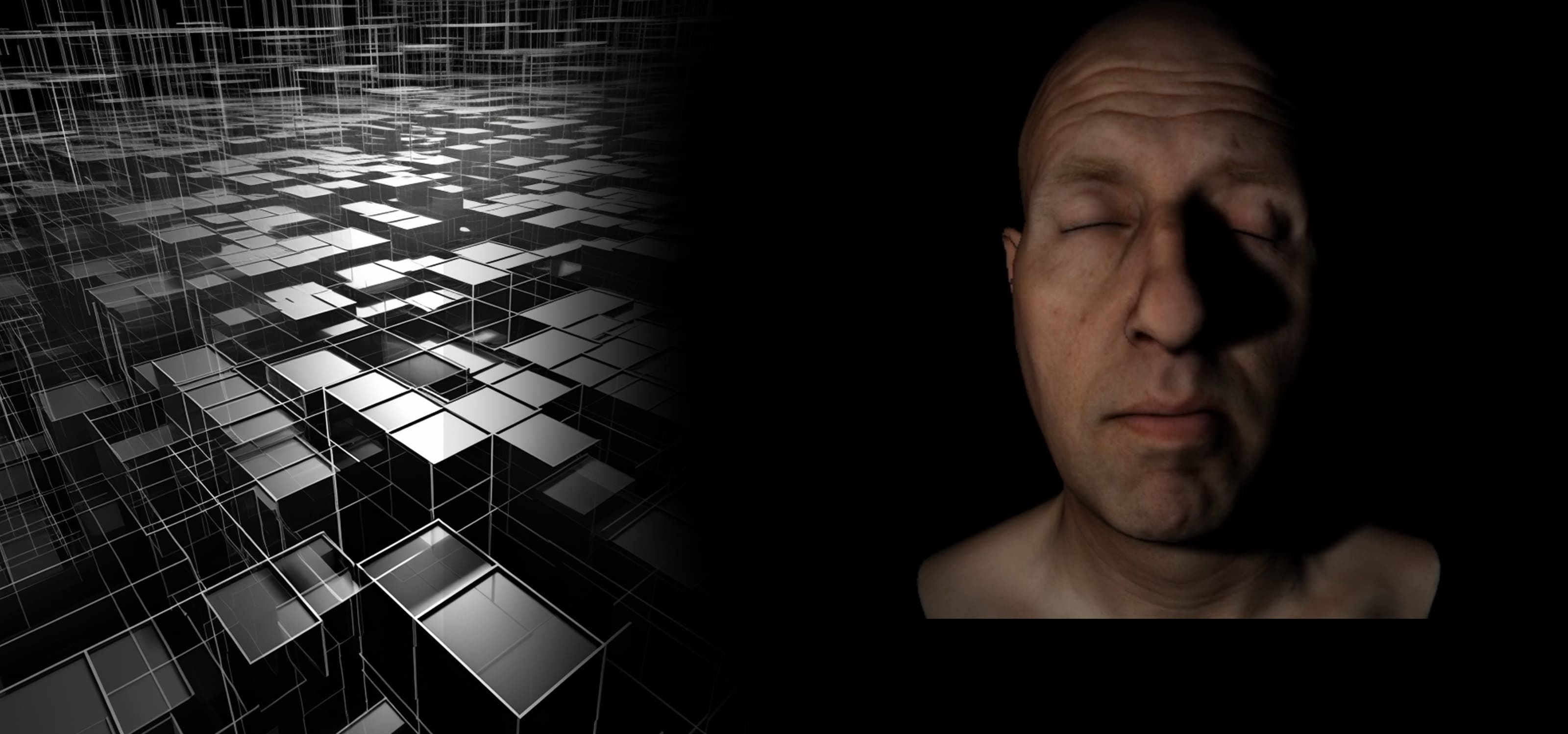 Results of an image from the Advanced Certificate Program in Rendering and Simulation, featuring a cube pattern on one side and a humanoid bust on the other side.