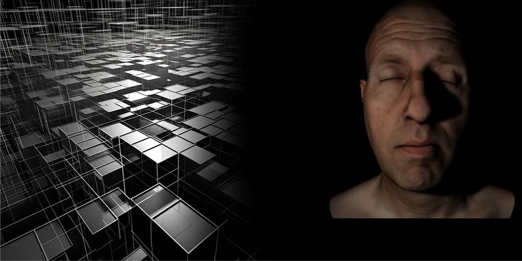 Resultados de una imagen del programa Certificado Avanzado en Rendering y Simulación, un patrón de formación de cubos a un lado y un busto humanoide al otro lado.
