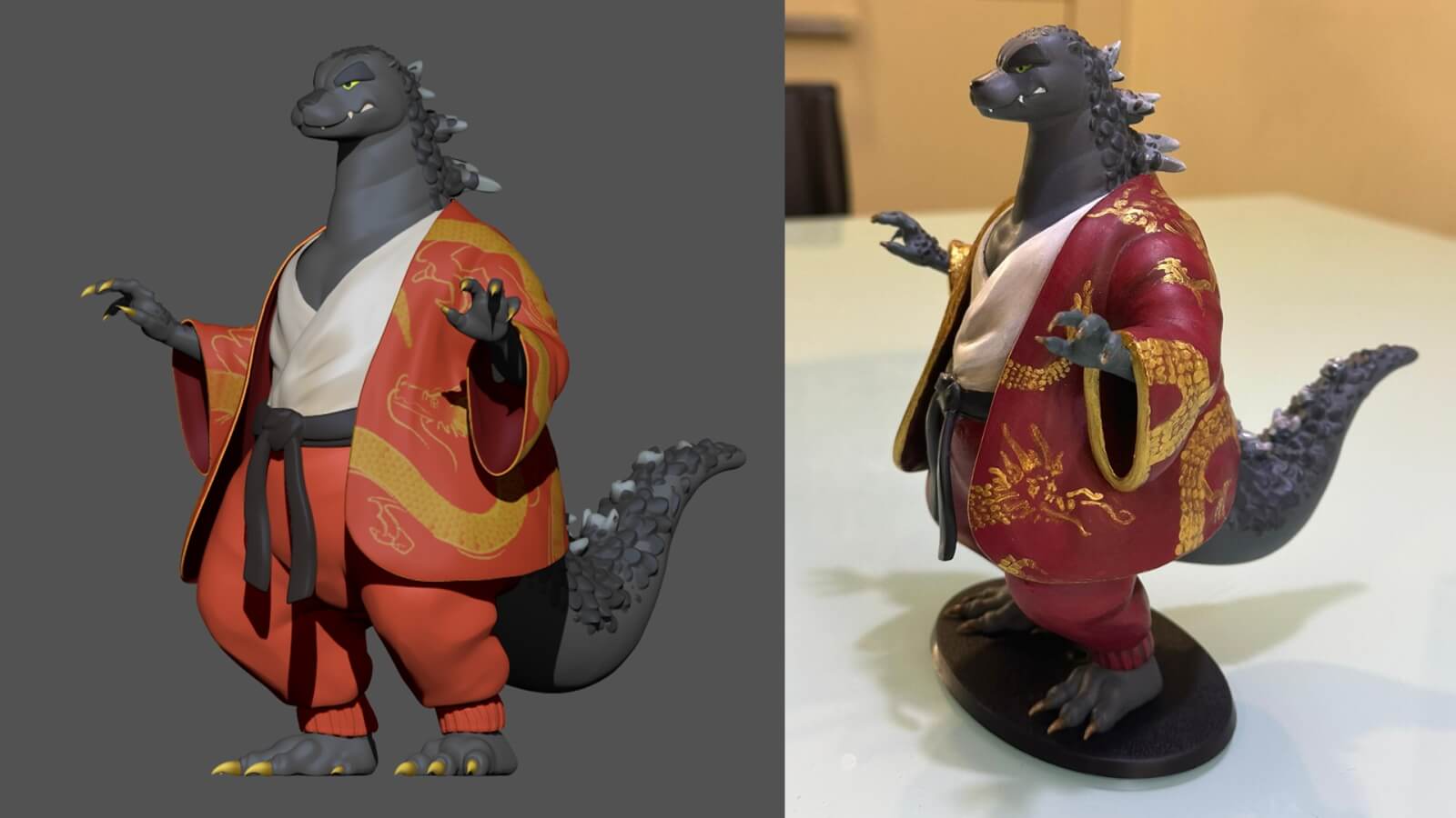 3D Sculpture of a wizard character with a flaming staff, shown from different angles.