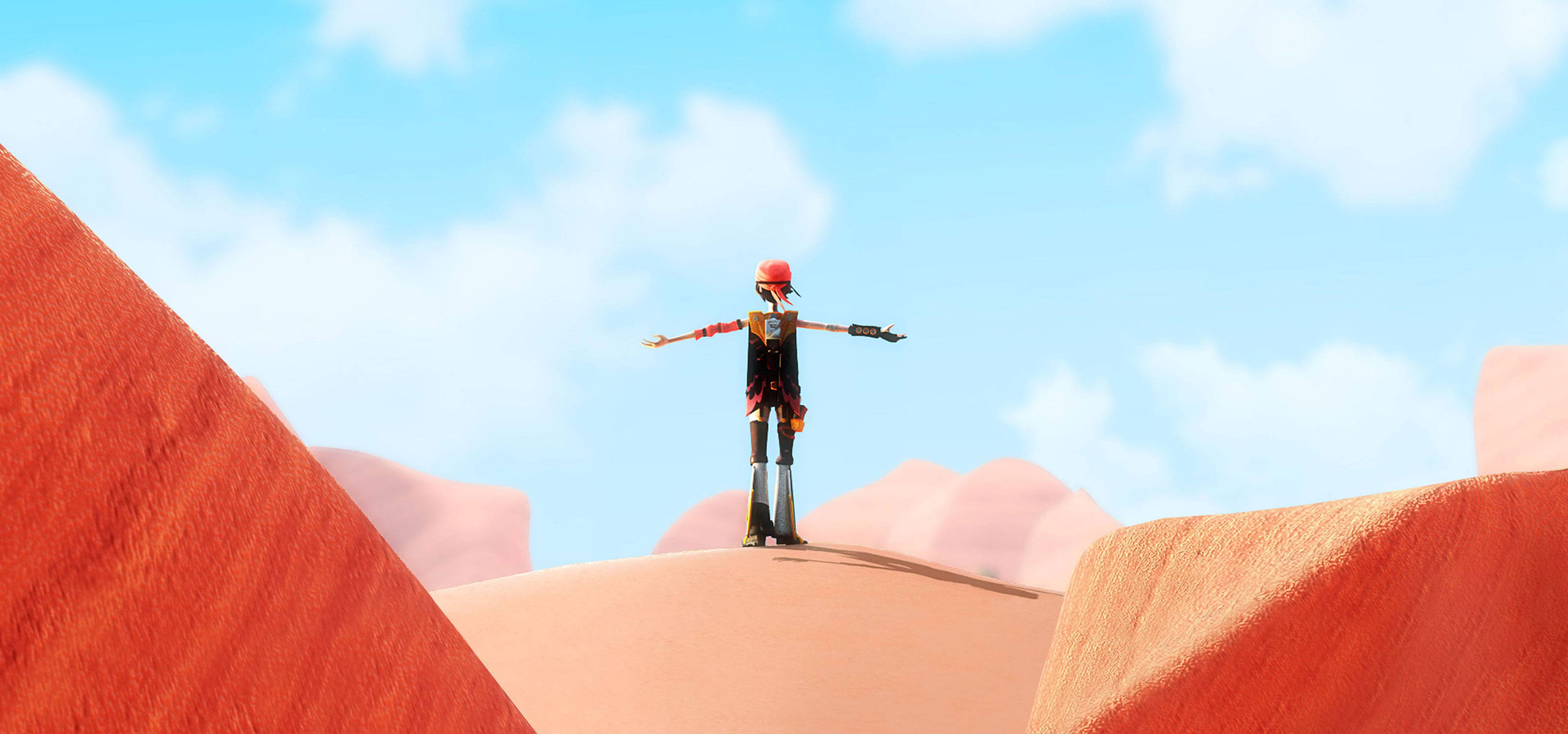 A character wearing bell-bottoms and a bandana stands atop a mound of sand, arms outstretched