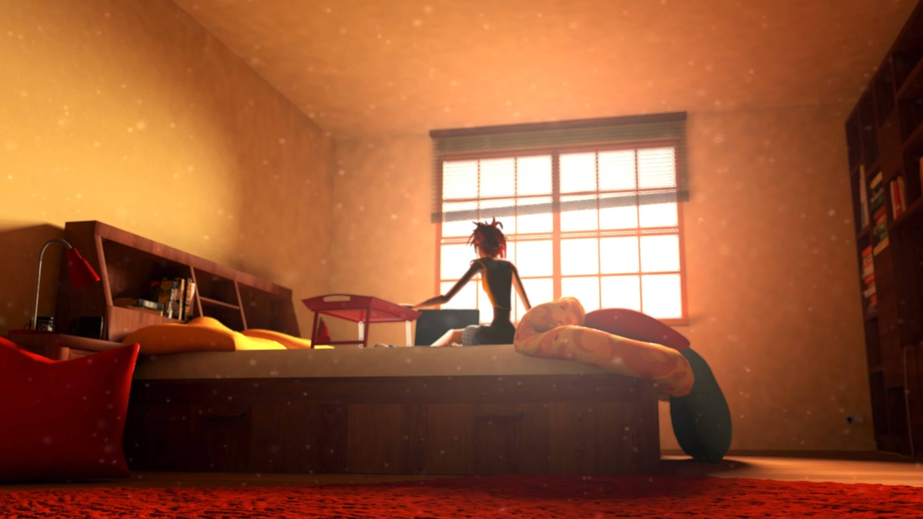 Una mujer se despierta y se sienta en el borde de su cama junto a una ventana