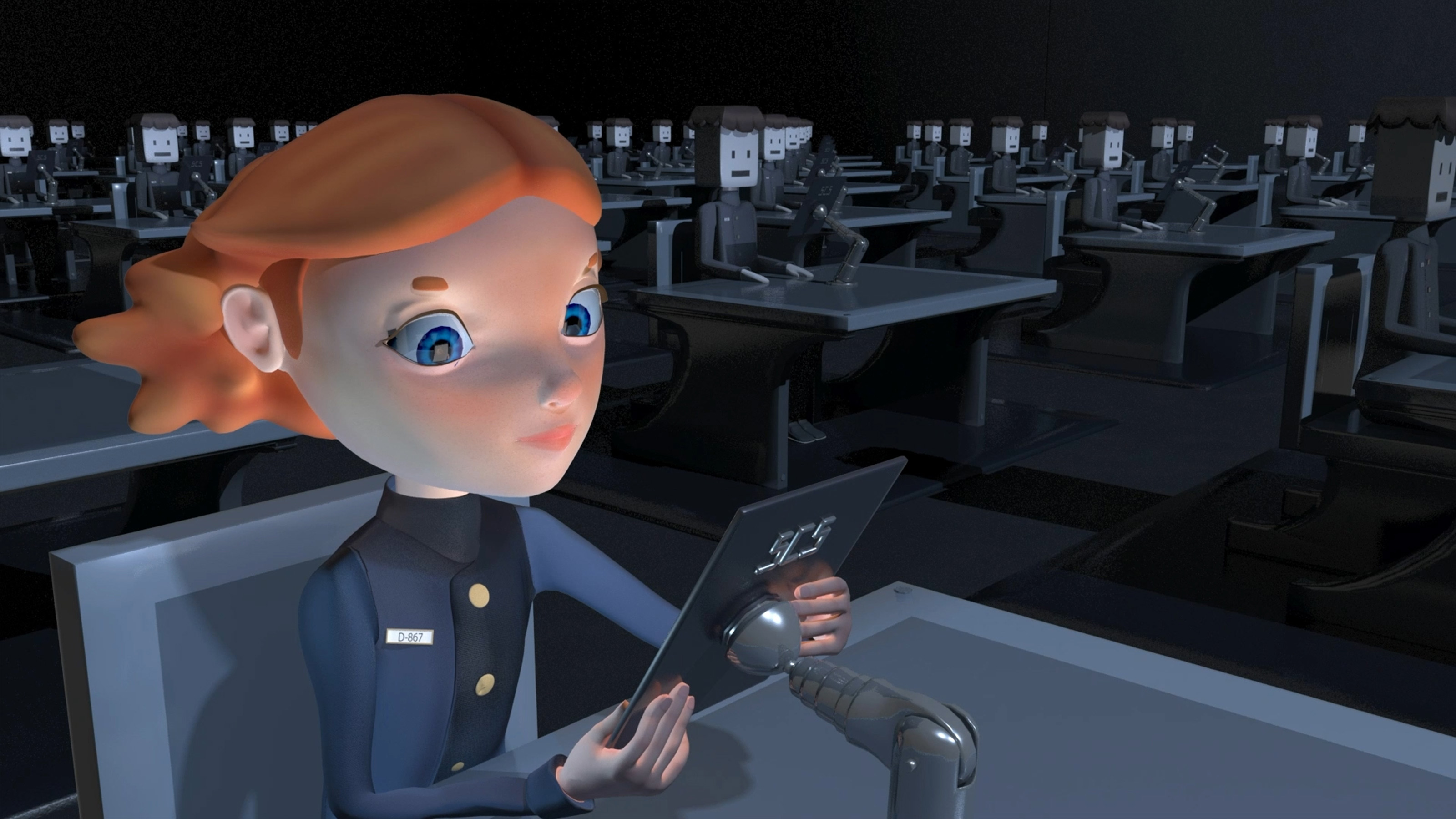 A young female student holds onto a small tablet affixed to her desk