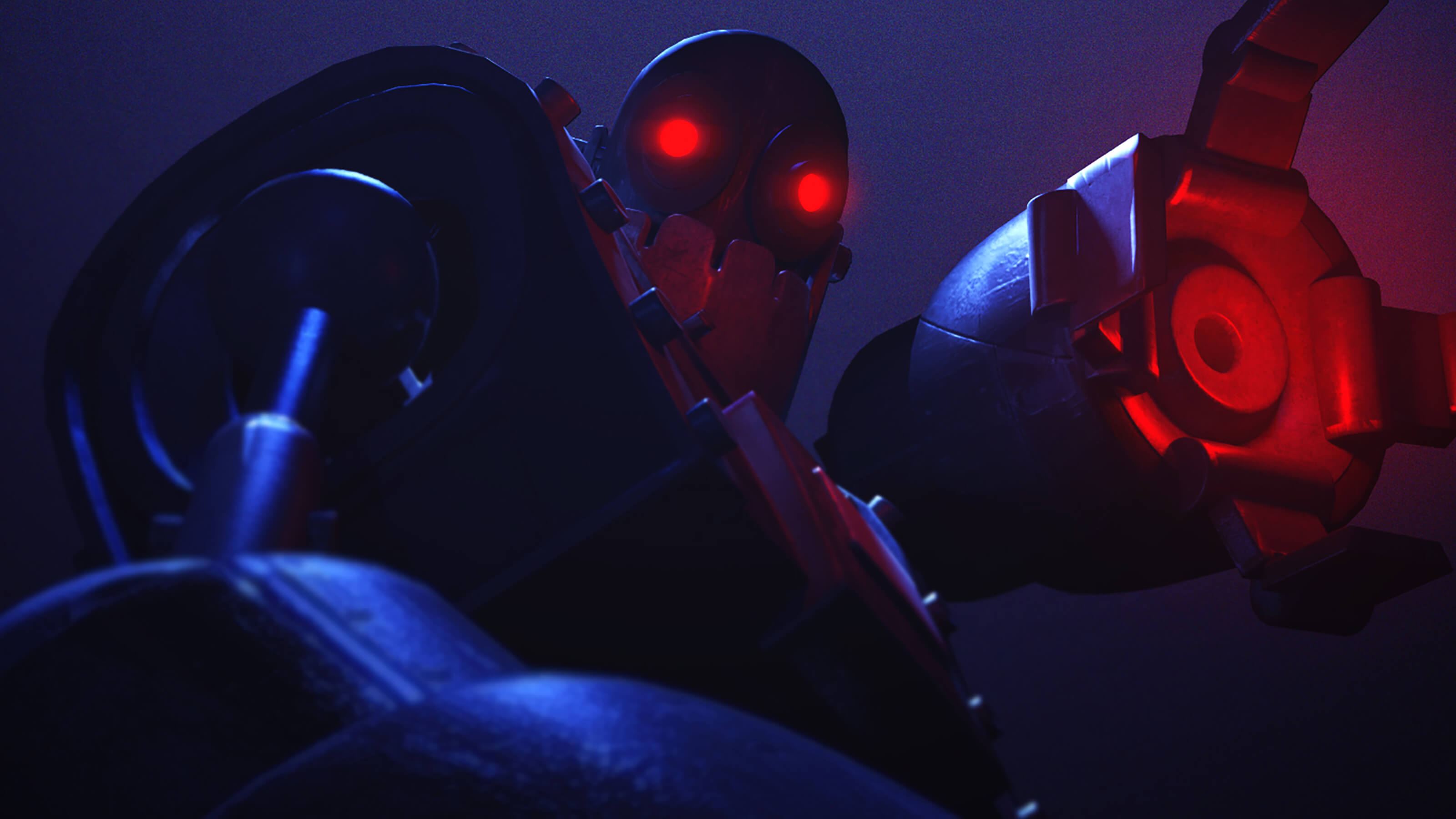 A dimly lit, metal robot raises an open claw as seen from below. Both its claw and eyes glow brightly red in the dark.